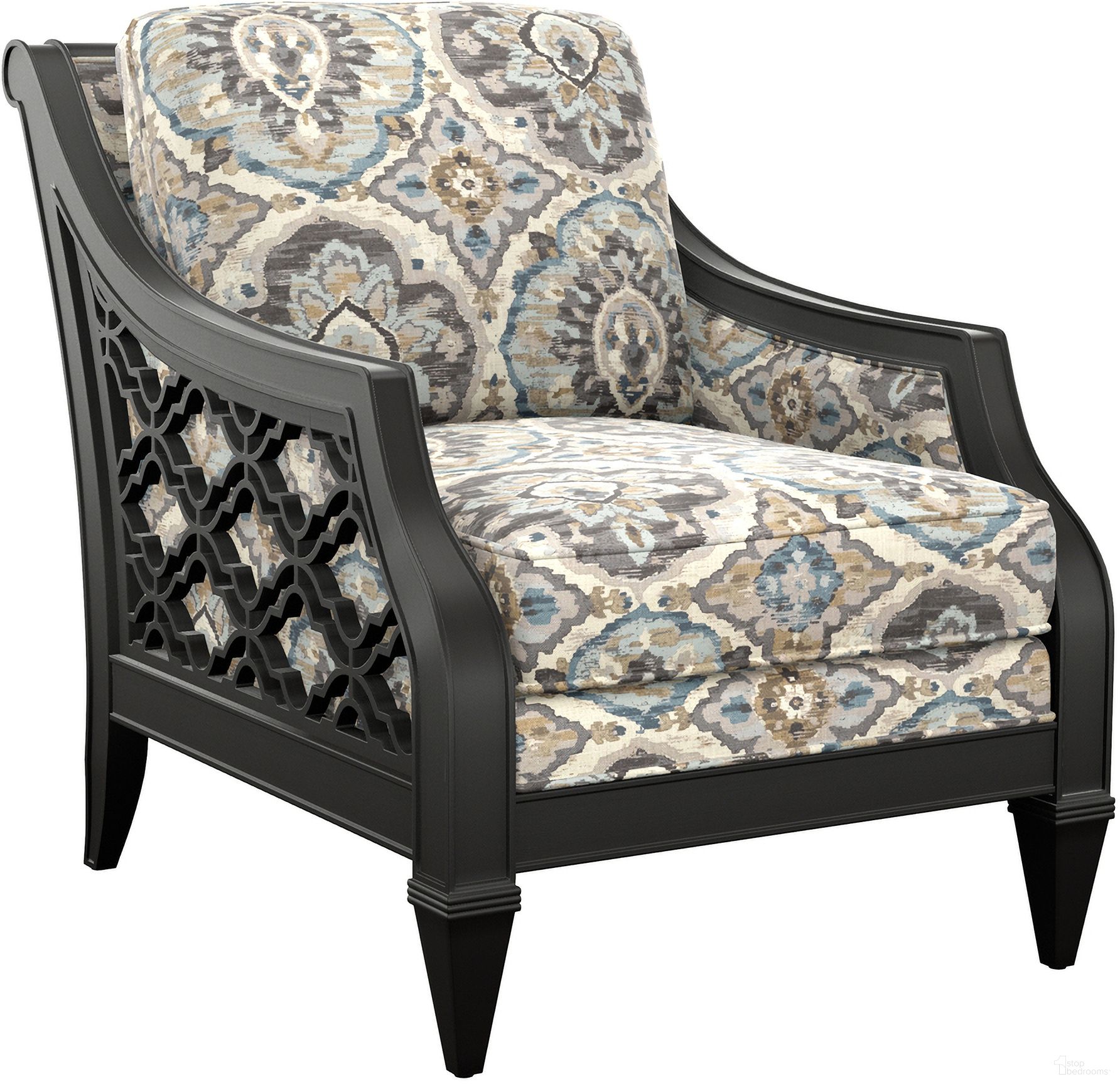 The appearance of Featured Upholstery Bay Club Chair In Black designed by Tommy Bahama in the transitional interior design. This black piece of furniture  was selected by 1StopBedrooms from Featured Upholstery Collection to add a touch of cosiness and style into your home. Sku: 1514-11-71. Material: Fabric.