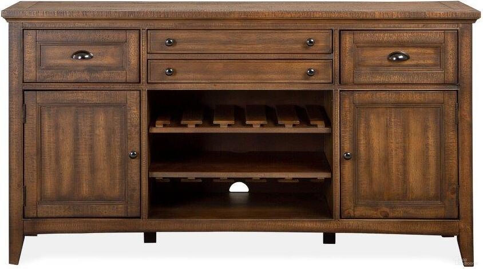 The appearance of Toasted Nutmeg Wood Buffet SU designed by Magnussen in the transitional interior design. This nutmeg piece of furniture was selected by 1StopBedrooms from Bay Creek Collection to add a touch of cosiness and style into your home. Sku: D4398-14. Material: Pine Veneer.