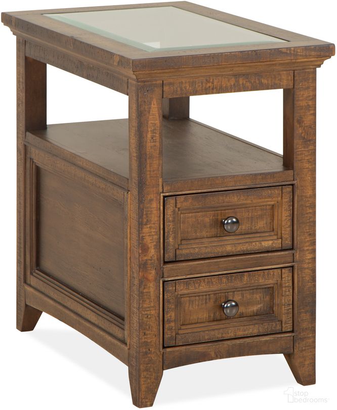 The appearance of Bay Creek Chairside End Table In Toasted Nutmeg designed by Magnussen in the modern / contemporary interior design. This nutmeg piece of furniture  was selected by 1StopBedrooms from Bay Creek Collection to add a touch of cosiness and style into your home. Sku: T4398-10. Material: Pine Veneer.