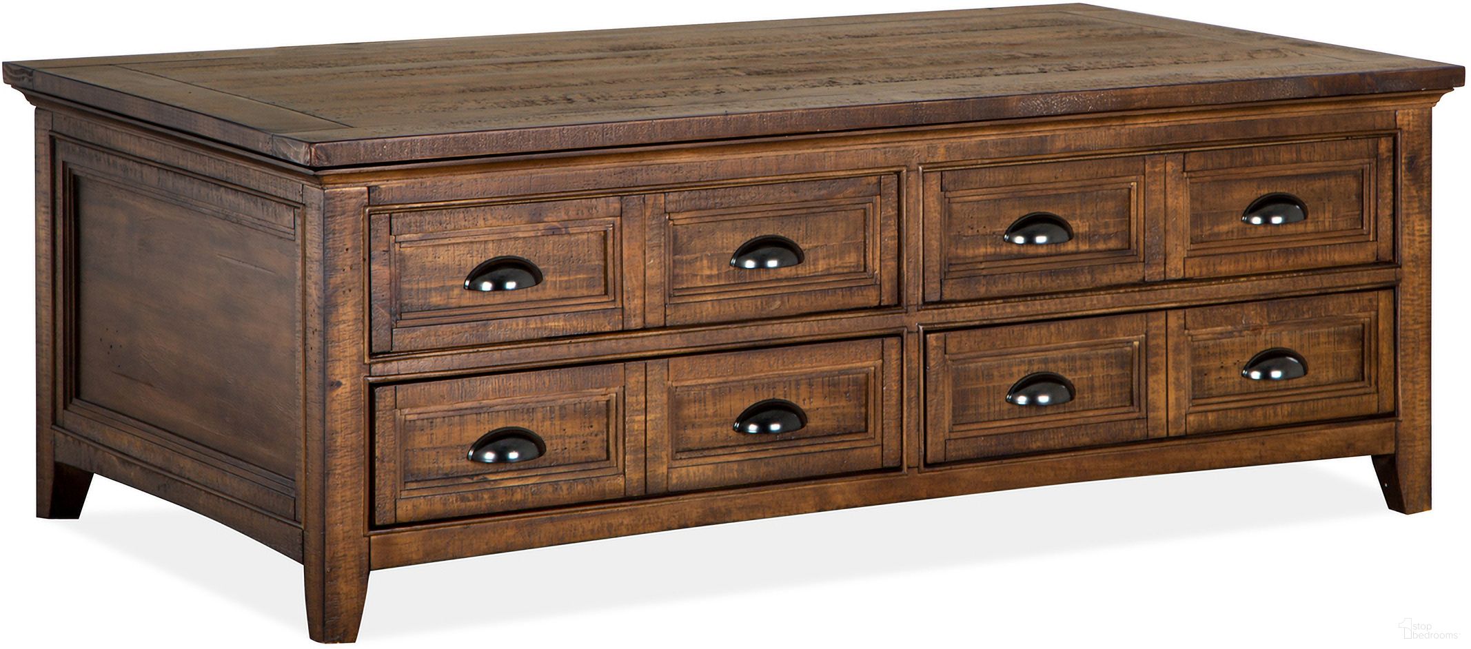 The appearance of Bay Creek Lift Top Storage Cocktail Table with Casters In Toasted Nutmeg designed by Magnussen in the modern / contemporary interior design. This nutmeg piece of furniture was selected by 1StopBedrooms from Bay Creek Collection to add a touch of cosiness and style into your home. Sku: T4398-50. Material: Pine Veneer.