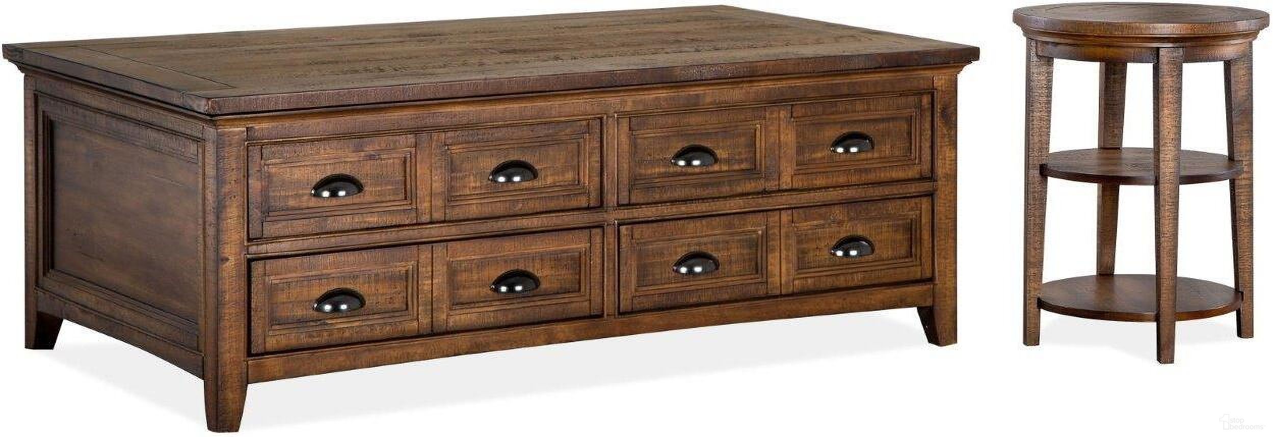 The appearance of Bay Creek Toasted Nutmeg Lift Top Storage Castered Occasional Table Set designed by Magnussen in the transitional interior design. This brown piece of furniture  was selected by 1StopBedrooms from Bay Creek Collection to add a touch of cosiness and style into your home. Sku: T4398-50;T4398-35. Material: Pine Veneer.