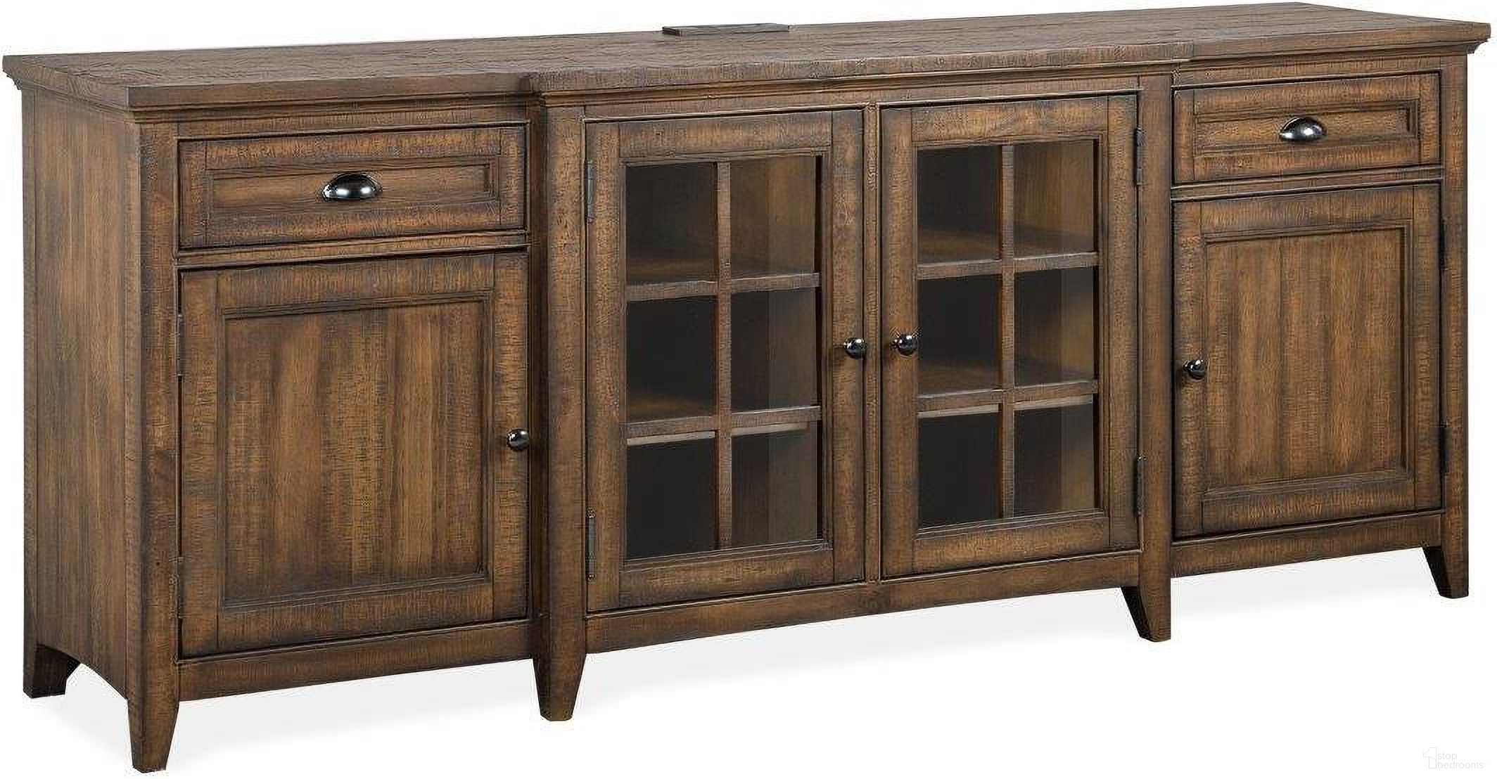 The appearance of Bay Creek Toasted Nutmeg Wood 80 Inch Console designed by Magnussen in the modern / contemporary interior design. This brown piece of furniture was selected by 1StopBedrooms from Bay Creek Collection to add a touch of cosiness and style into your home. Sku: E4398-08. Material: Pine Veneer.