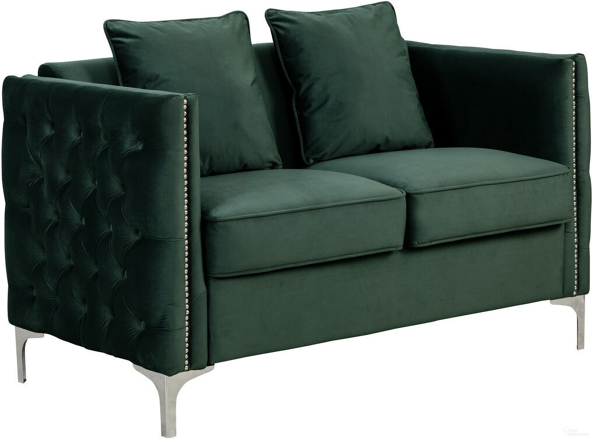 The appearance of Bayberry Green Velvet Loveseat With 2 Pillows designed by Lilola Home in the modern / contemporary interior design. This green piece of furniture was selected by 1StopBedrooms from Bayberry Collection to add a touch of cosiness and style into your home. Sku: 89634GN-L. Material: Wood.