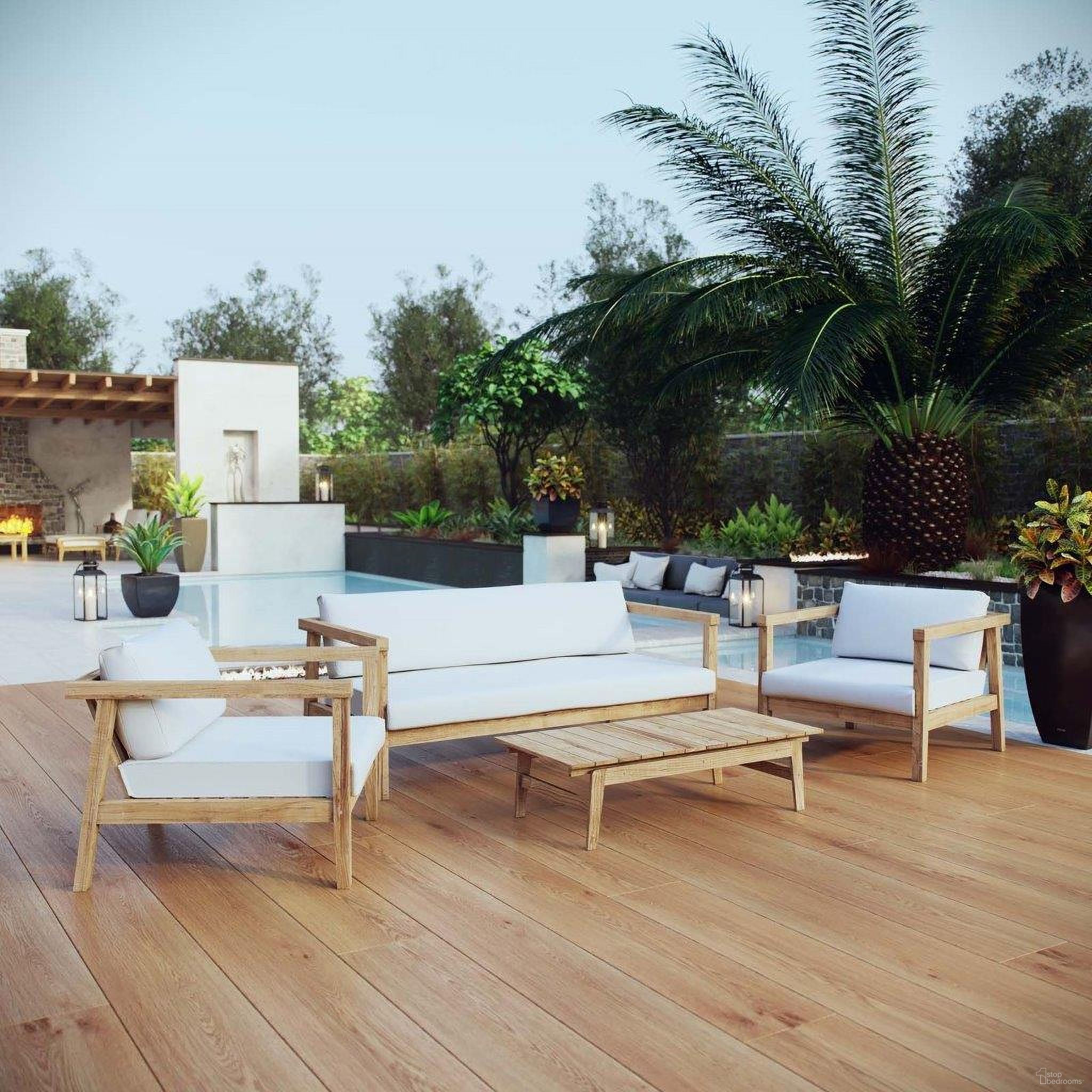 Bayport 4 Piece Outdoor Patio Teak Set In Natural White EEI-3111-NAT-WHI-SET