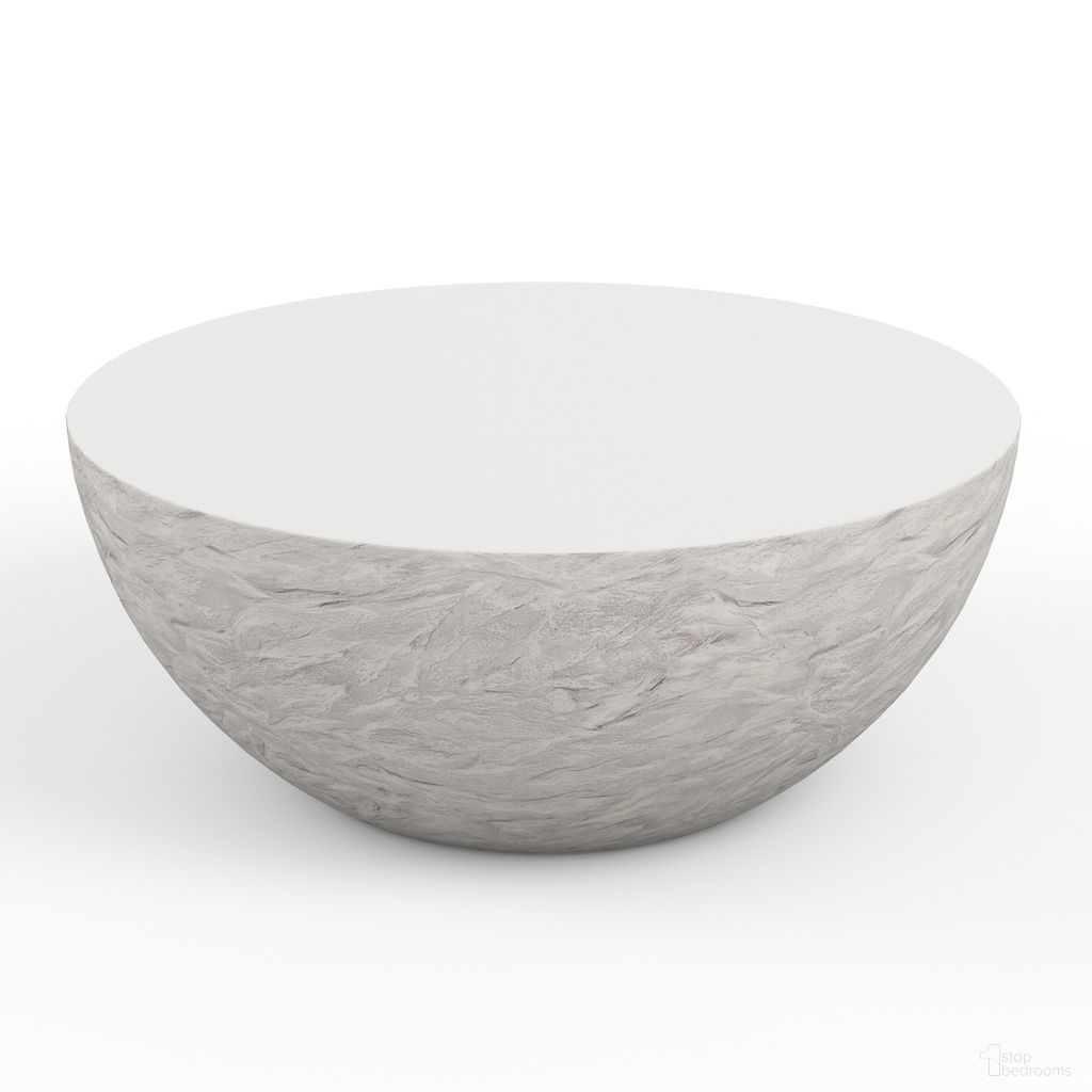 The appearance of Bazaar Antique Stone Bowl Coffee Table in Bone White designed by Sunset West in the transitional interior design. This bone white piece of furniture  was selected by 1StopBedrooms from Bazaar Collection to add a touch of cosiness and style into your home. Sku: SW6204-CTBWL. Material: Concrete.