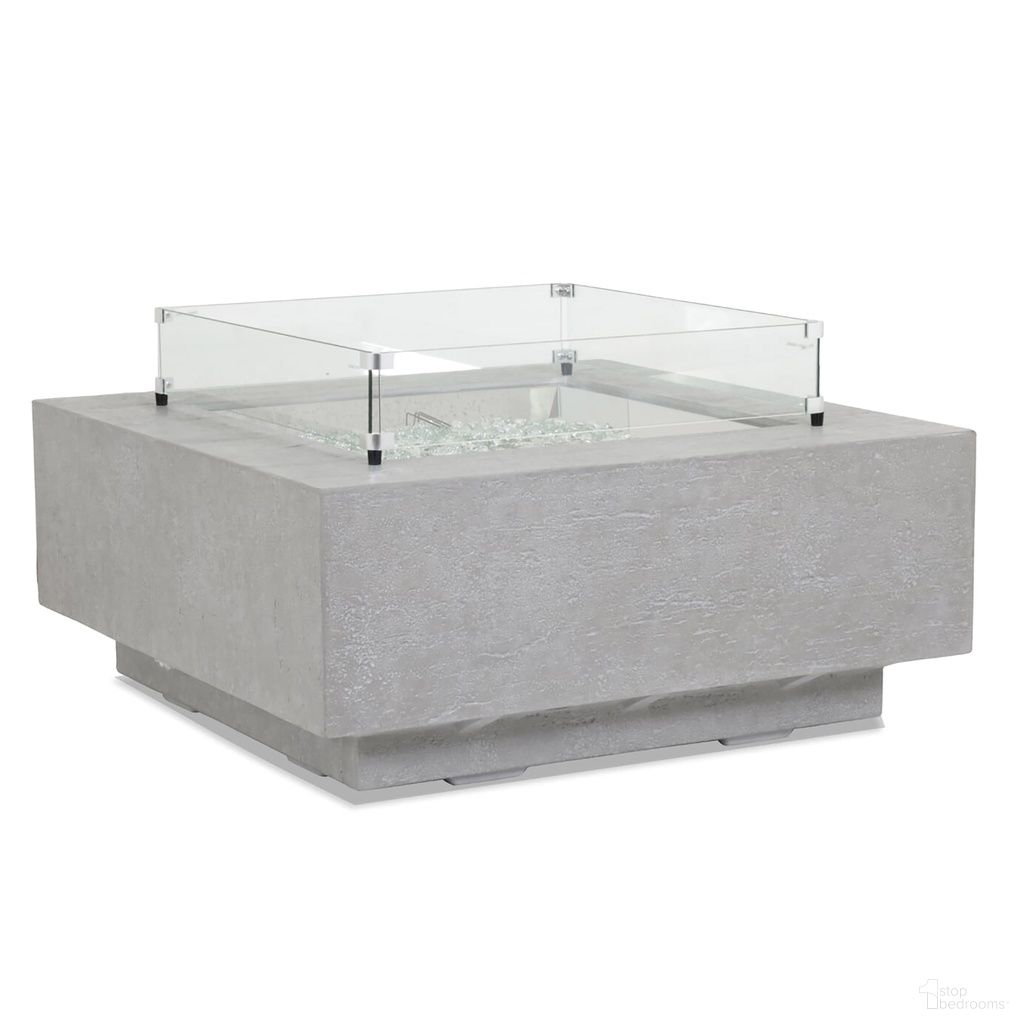 The appearance of Bazaar Gravelstone Square Fire Table With Glass Surround in Gray designed by Sunset West in the modern / contemporary interior design. This gray piece of furniture was selected by 1StopBedrooms from Bazaar Collection to add a touch of cosiness and style into your home. Sku: SW6003-FT4040-G2828. Material: Concrete.