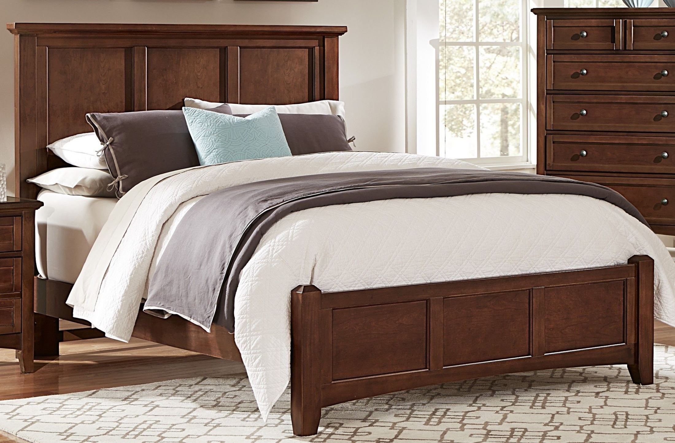The appearance of Bonanza Cherry Queen Mansion Bed designed by Vaughan Bassett in the transitional interior design. This cherry piece of furniture was selected by 1StopBedrooms from Bonanza Collection to add a touch of cosiness and style into your home. Sku: BB28-558;BB28-855;BB28-922. Bed Type: Panel Bed. Bed Size: Queen. Material: Veneer.