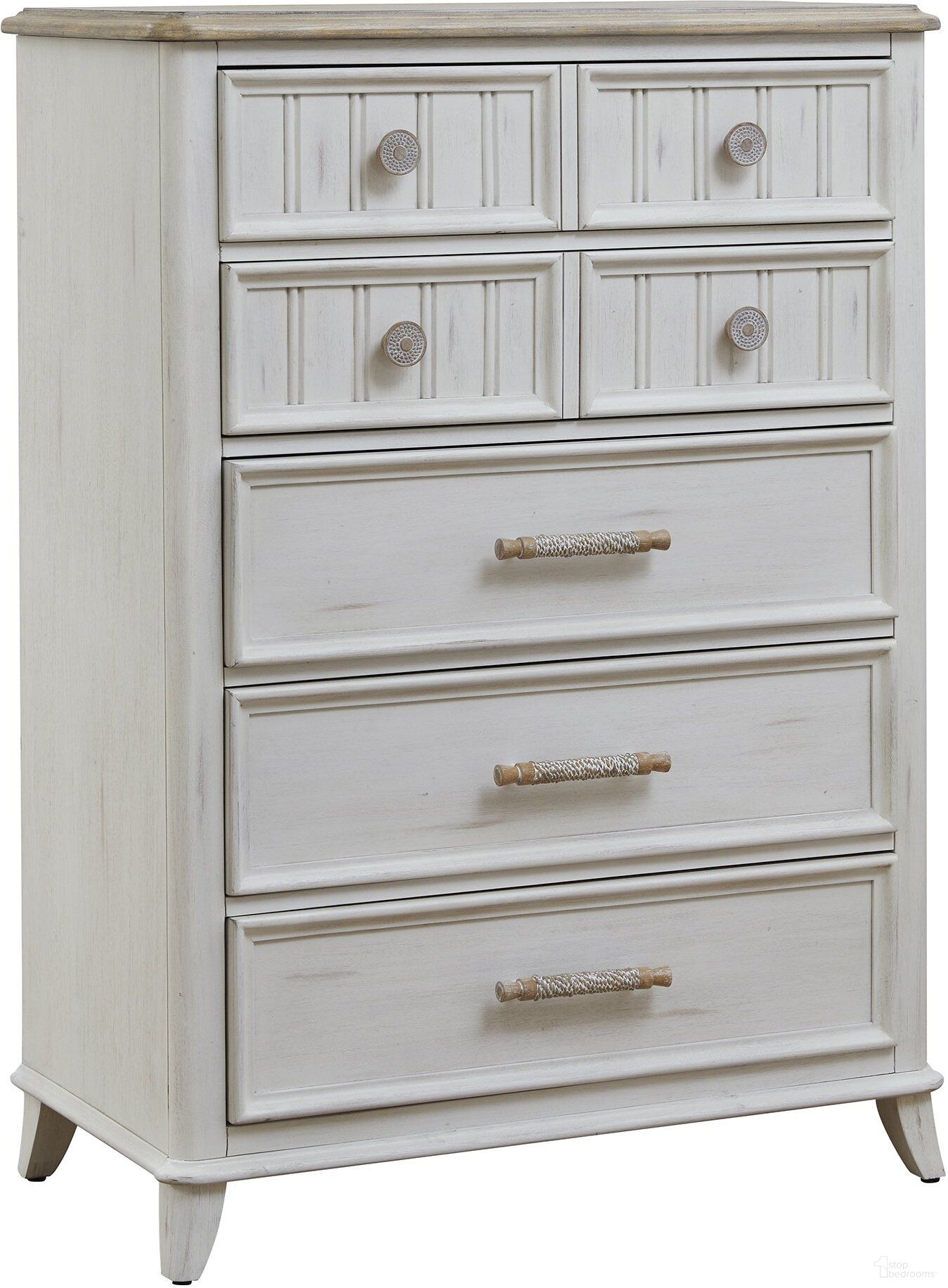 The appearance of Beach Comber Chest with Sand Top In Weathered White designed by American Woodcrafters in the coastal interior design. This weathered white piece of furniture was selected by 1StopBedrooms from Beach Comber Collection to add a touch of cosiness and style into your home. Sku: 8510-150. Material: Mahogany.