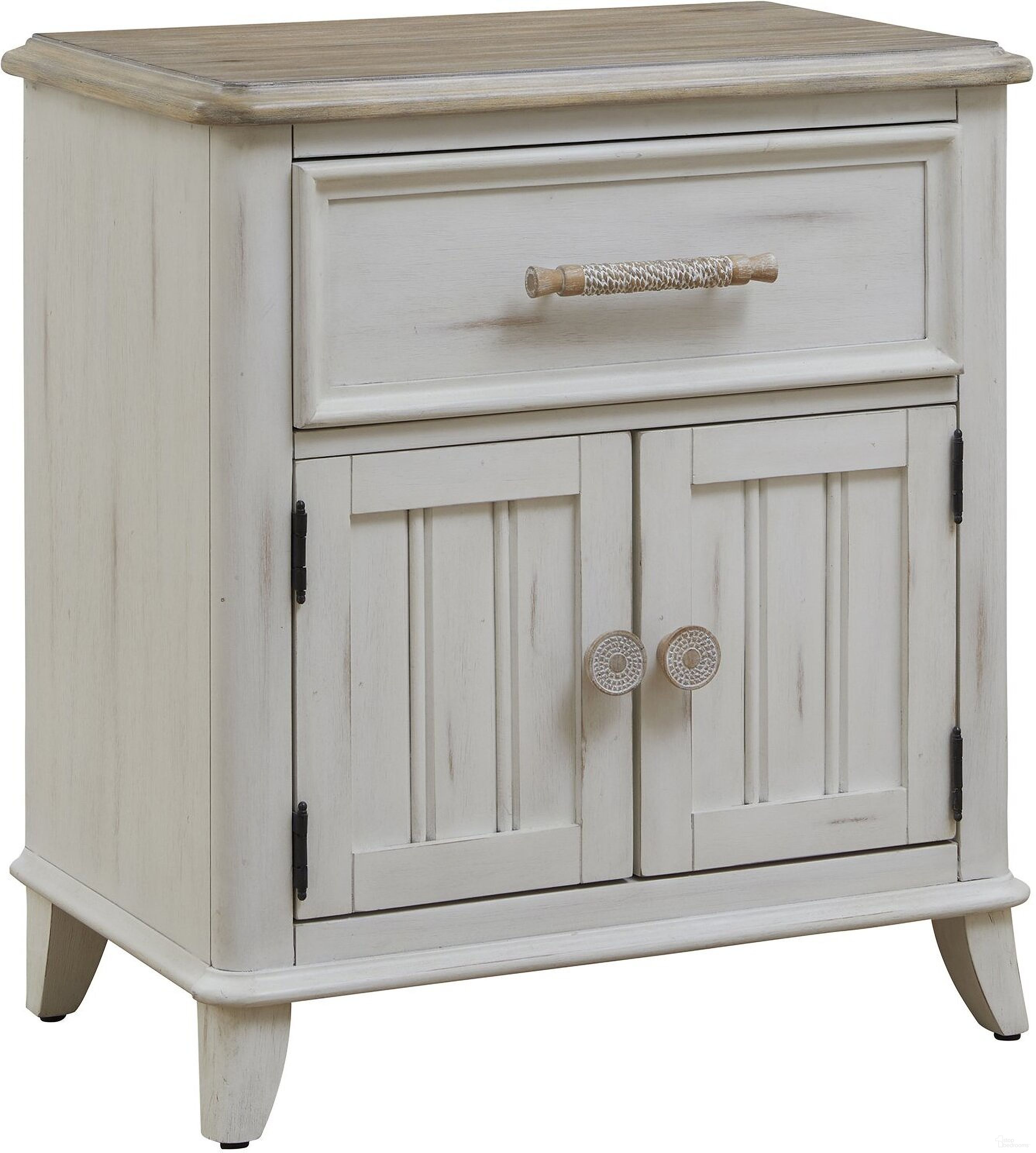The appearance of Beach Comber Nightstand with Sand Top In Weathered White designed by American Woodcrafters in the coastal interior design. This weathered white piece of furniture was selected by 1StopBedrooms from Beach Comber Collection to add a touch of cosiness and style into your home. Sku: 8510-412. Material: Mahogany.