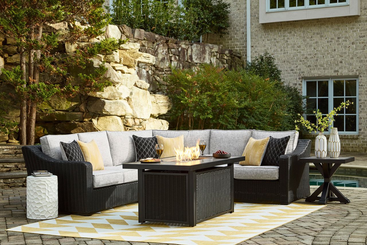 The appearance of Beachcroft 3-Piece Outdoor Sectional In Black/Light Gray designed by Signature Design by Ashley in the transitional interior design. This black light gray piece of furniture was selected by 1StopBedrooms from Beachcroft Collection to add a touch of cosiness and style into your home. Sku: P792-854;P792-851. Material: Aluminum.