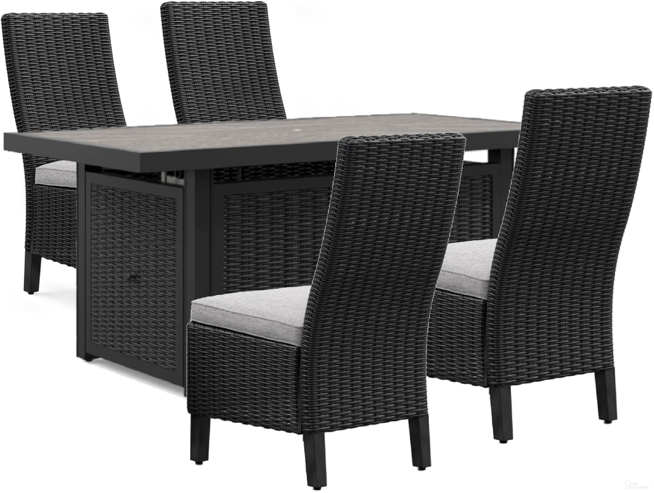 The appearance of Beachcroft Outdoor Dining Set In Black and Light Gray designed by Signature Design by Ashley in the transitional interior design. This black/light gray piece of furniture was selected by 1StopBedrooms from Beachcroft Collection to add a touch of cosiness and style into your home. Sku: P792-773;P792-601;P792-601. Material: Stainless Steel.