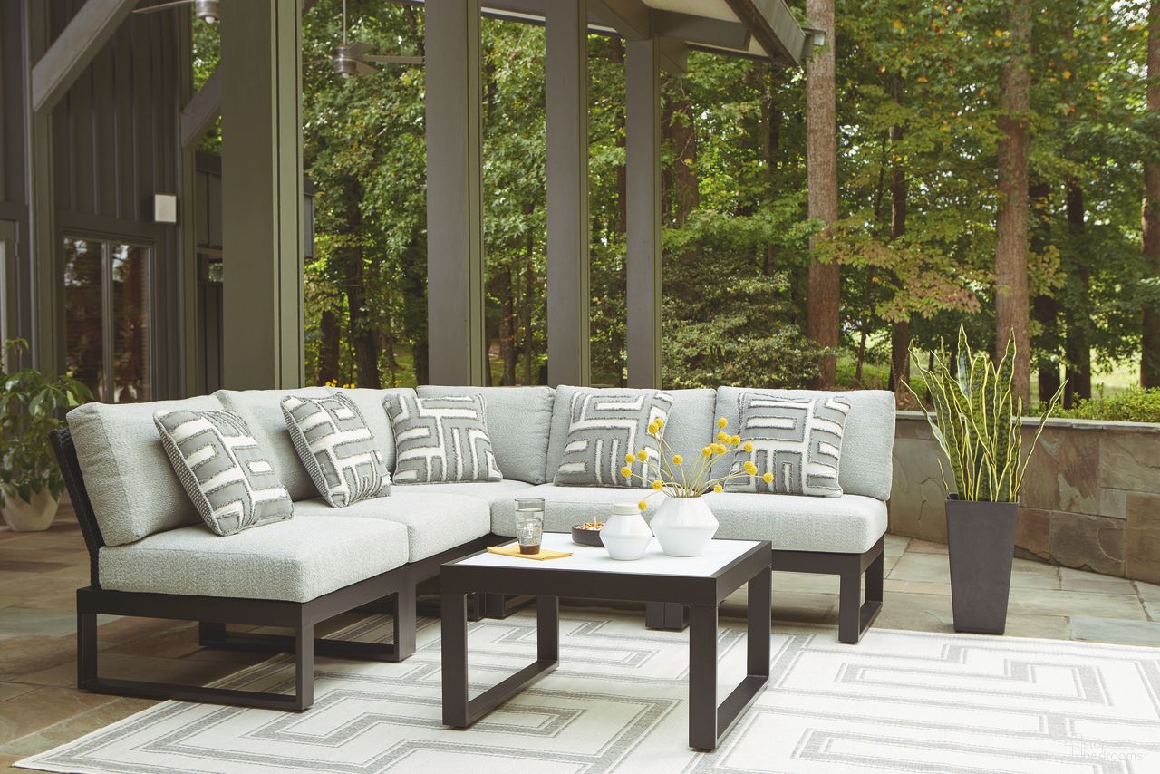The appearance of Beachloft 5-Piece Outdoor Sectional In Black and Gray designed by Signature Design by Ashley in the transitional interior design. This black and gray piece of furniture was selected by 1StopBedrooms from Beachloft Collection to add a touch of cosiness and style into your home. Sku: P490-846;P490-846;P490-846;P490-846;P490-877. Material: Fabric.