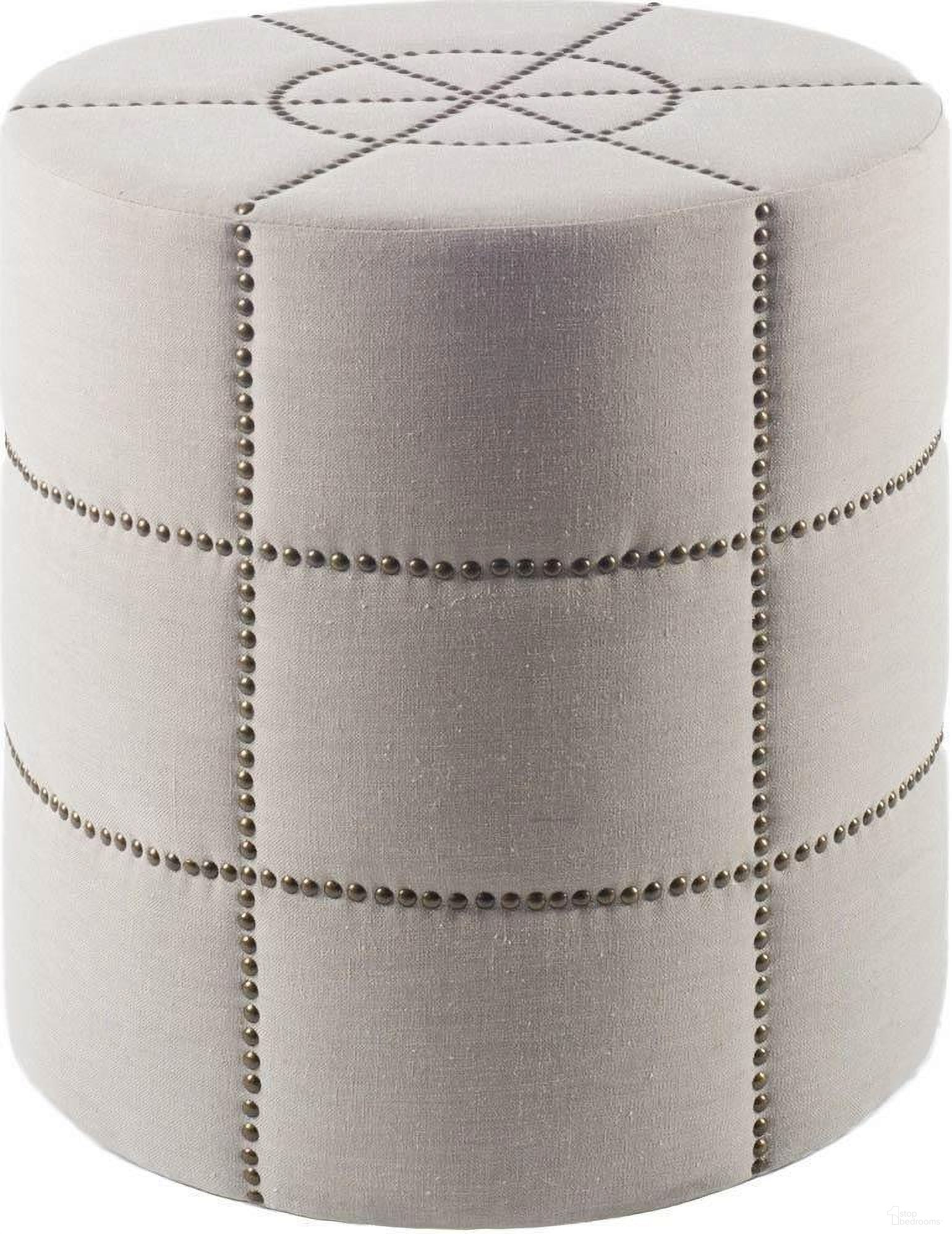 The appearance of Beacon 20.5 Inch Cream Fabric With Metal Tacks Round Ottoman designed by Mercana in the glam interior design. This cream piece of furniture  was selected by 1StopBedrooms from Beacon Collection to add a touch of cosiness and style into your home. Sku: 50271. Material: Metal.