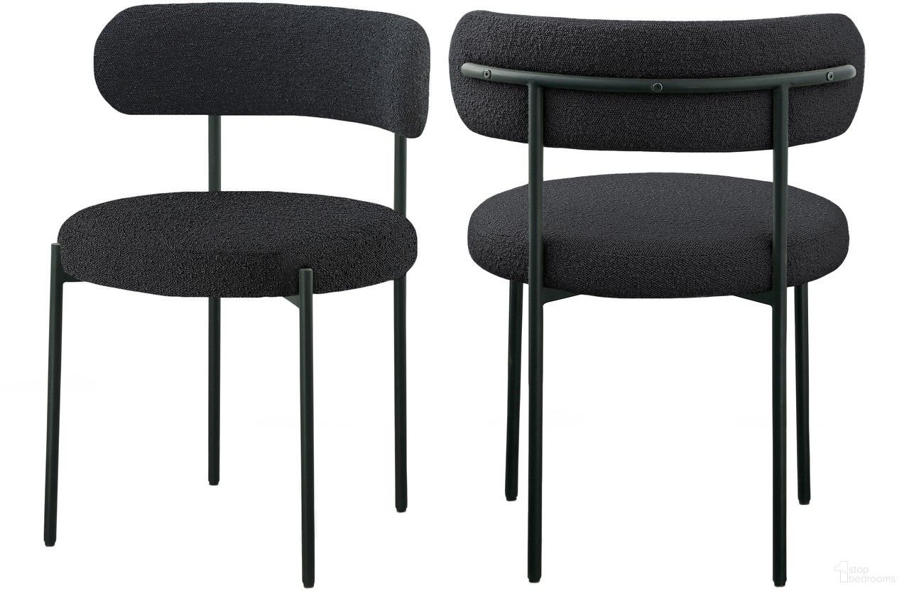 The appearance of Beacon Boucle Fabric Dining Chair Set of 2 In Black/Matte Black designed by Meridian in the modern / contemporary interior design. This black piece of furniture  was selected by 1StopBedrooms from Beacon Collection to add a touch of cosiness and style into your home. Sku: 880Black-C. Material: Iron. Chair Type: Side Chair.