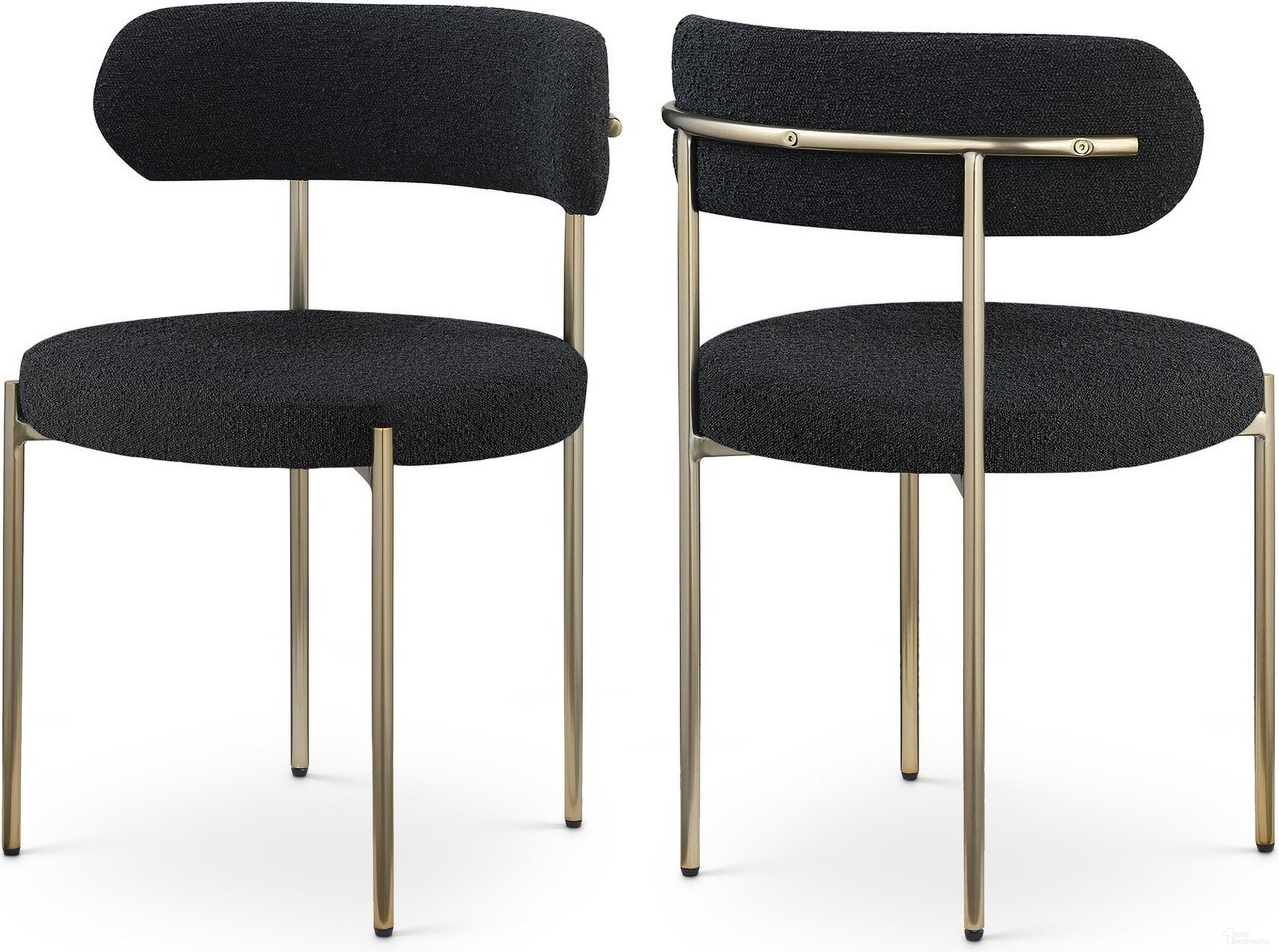 The appearance of Beacon Boucle Fabric Dining Chair Set of 2 In Black/Brushed Brass designed by Meridian in the modern / contemporary interior design. This black piece of furniture was selected by 1StopBedrooms from Beacon Collection to add a touch of cosiness and style into your home. Sku: 887Black-C. Material: Iron. Chair Type: Side Chair.