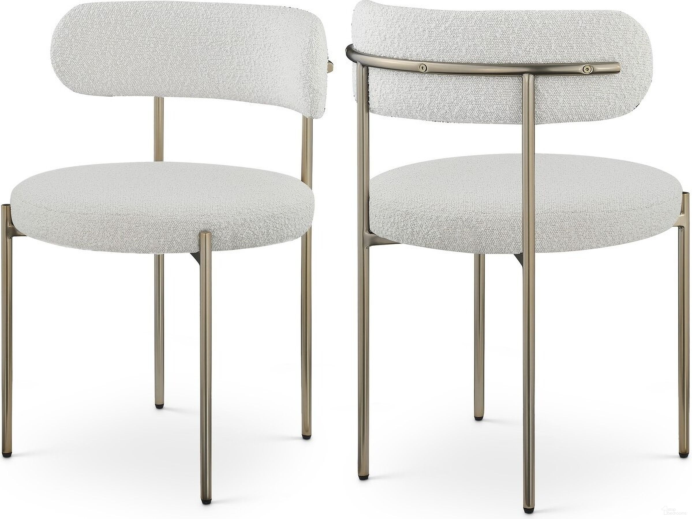 The appearance of Beacon Boucle Fabric Dining Chair Set of 2 In Cream/Brushed Brass designed by Meridian in the modern / contemporary interior design. This cream piece of furniture  was selected by 1StopBedrooms from Beacon Collection to add a touch of cosiness and style into your home. Sku: 887Cream-C. Material: Iron. Chair Type: Side Chair.
