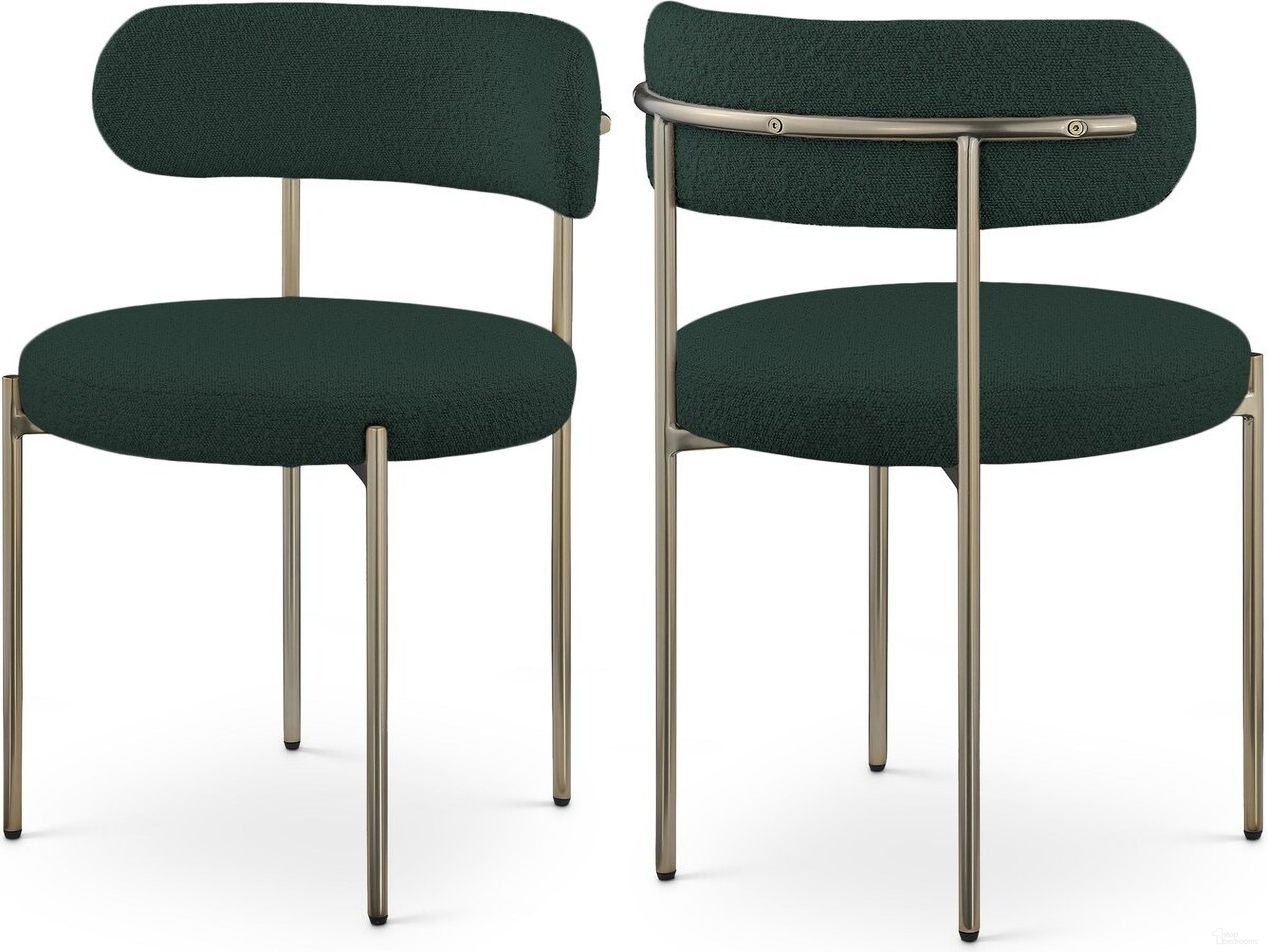 The appearance of Beacon Boucle Fabric Dining Chair Set of 2 In Green/Brushed Brass designed by Meridian in the modern / contemporary interior design. This green piece of furniture was selected by 1StopBedrooms from Beacon Collection to add a touch of cosiness and style into your home. Sku: 887Green-C. Material: Iron. Chair Type: Side Chair.