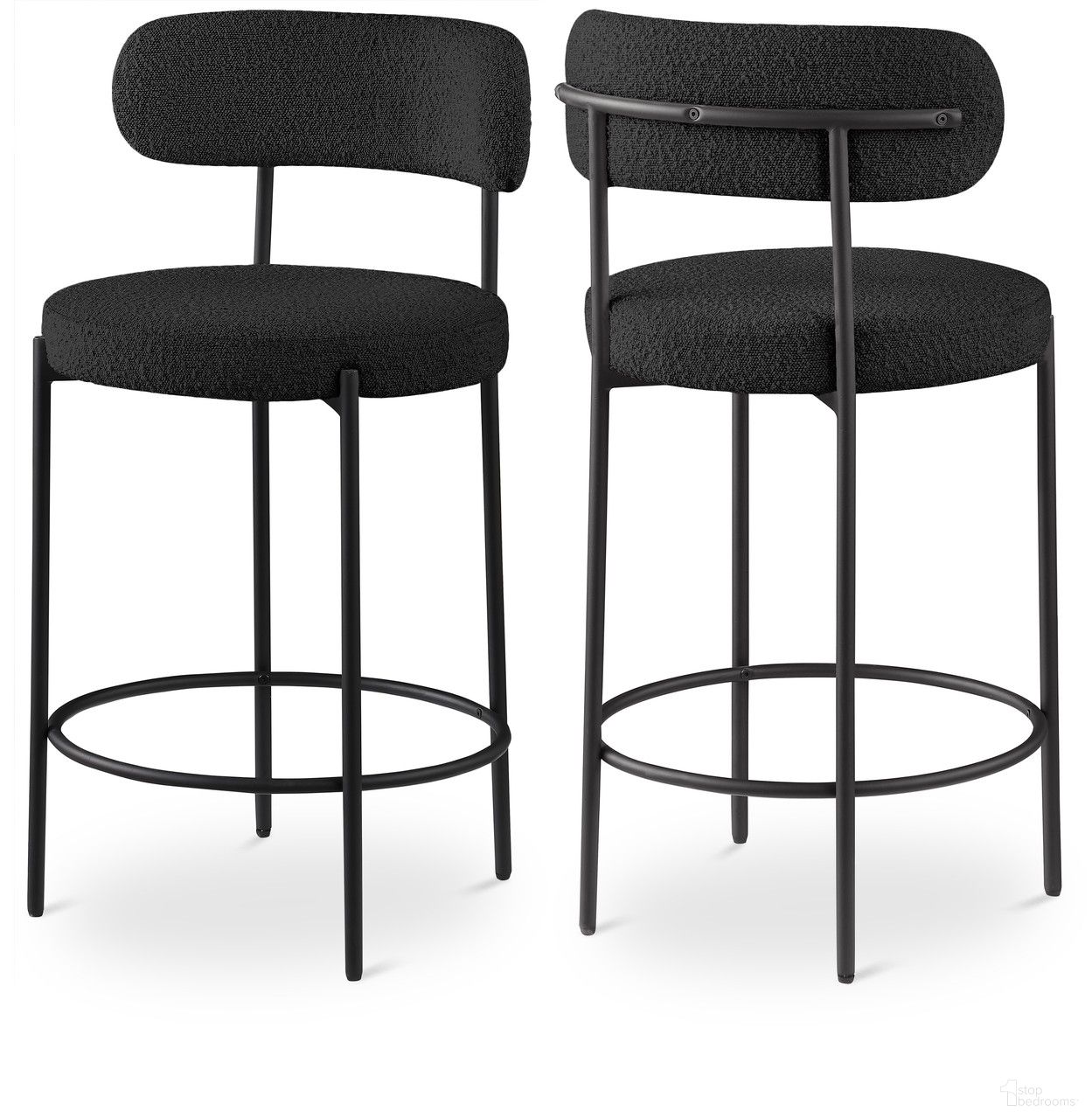 The appearance of Beacon Boucle Fabric Stool Set of 2 In Black designed by Meridian in the modern / contemporary interior design. This black piece of furniture  was selected by 1StopBedrooms from Beacon Collection to add a touch of cosiness and style into your home. Sku: 877Black-C. Material: Wood.