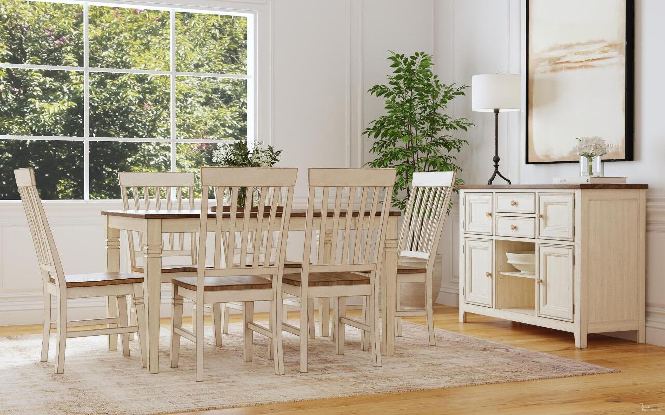 The appearance of Beacon Dining Room Set In Smoky White And Peppercorn designed by A-America in the traditional interior design. This white piece of furniture was selected by 1StopBedrooms from Beacon Collection to add a touch of cosiness and style into your home. Sku: BEAPW602B;BEAPW602T;BEAPW2752. Table Base Style: Legs. Material: Wood. Table Top Shape: Rectangular. Size: 54" x 36".