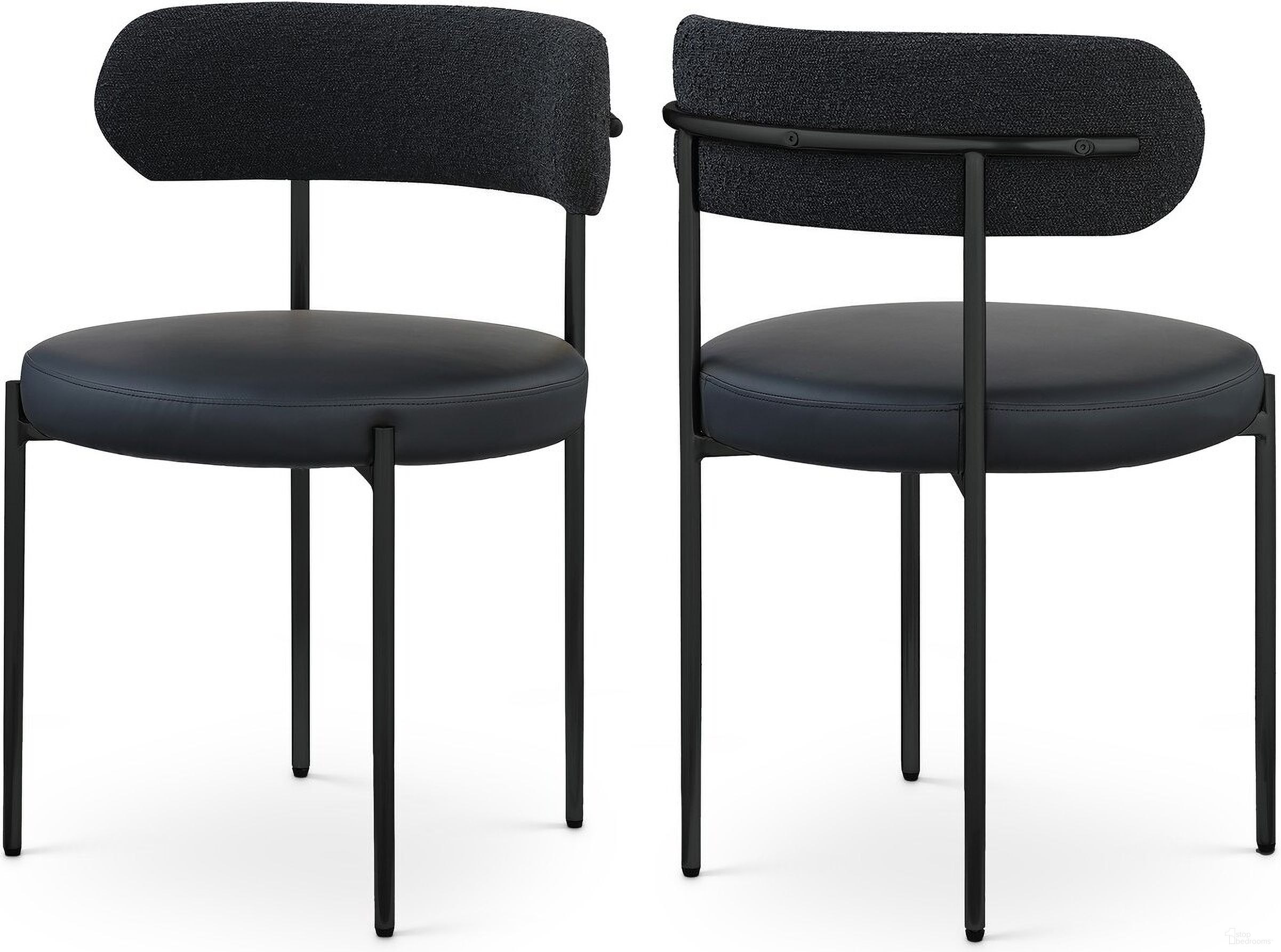 The appearance of Beacon Vegan Leather and Boucle Fabric Dining Chair Set of 2 In Black/Matte Black designed by Meridian in the modern / contemporary interior design. This black piece of furniture was selected by 1StopBedrooms from Beacon Collection to add a touch of cosiness and style into your home. Sku: 881Black-C. Material: Iron. Chair Type: Side Chair.