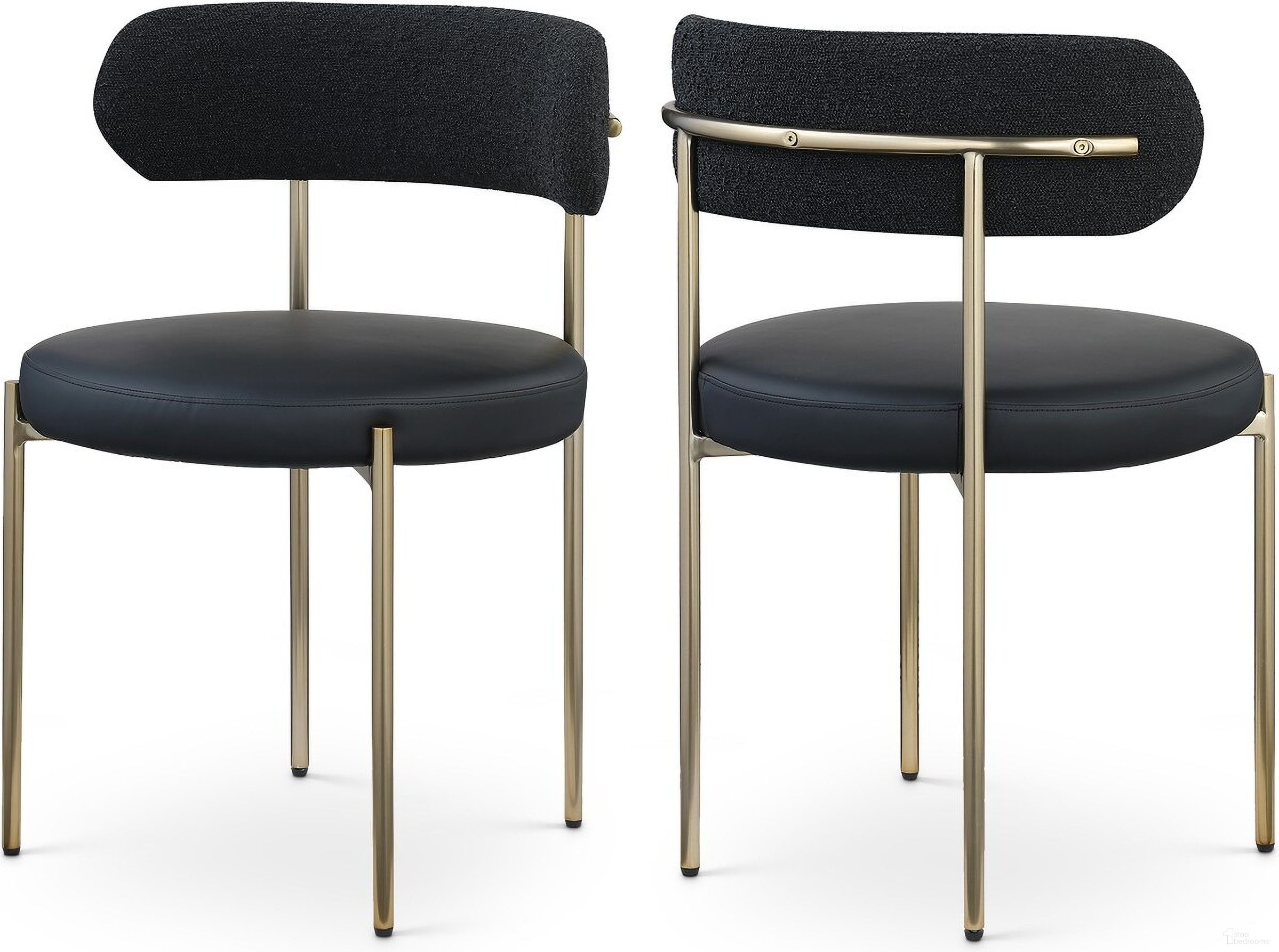 The appearance of Beacon Vegan Leather and Boucle Fabric Dining Chair Set of 2 In Black/Brushed Brass designed by Meridian in the modern / contemporary interior design. This black piece of furniture was selected by 1StopBedrooms from Beacon Collection to add a touch of cosiness and style into your home. Sku: 886Black-C. Material: Iron. Chair Type: Side Chair.