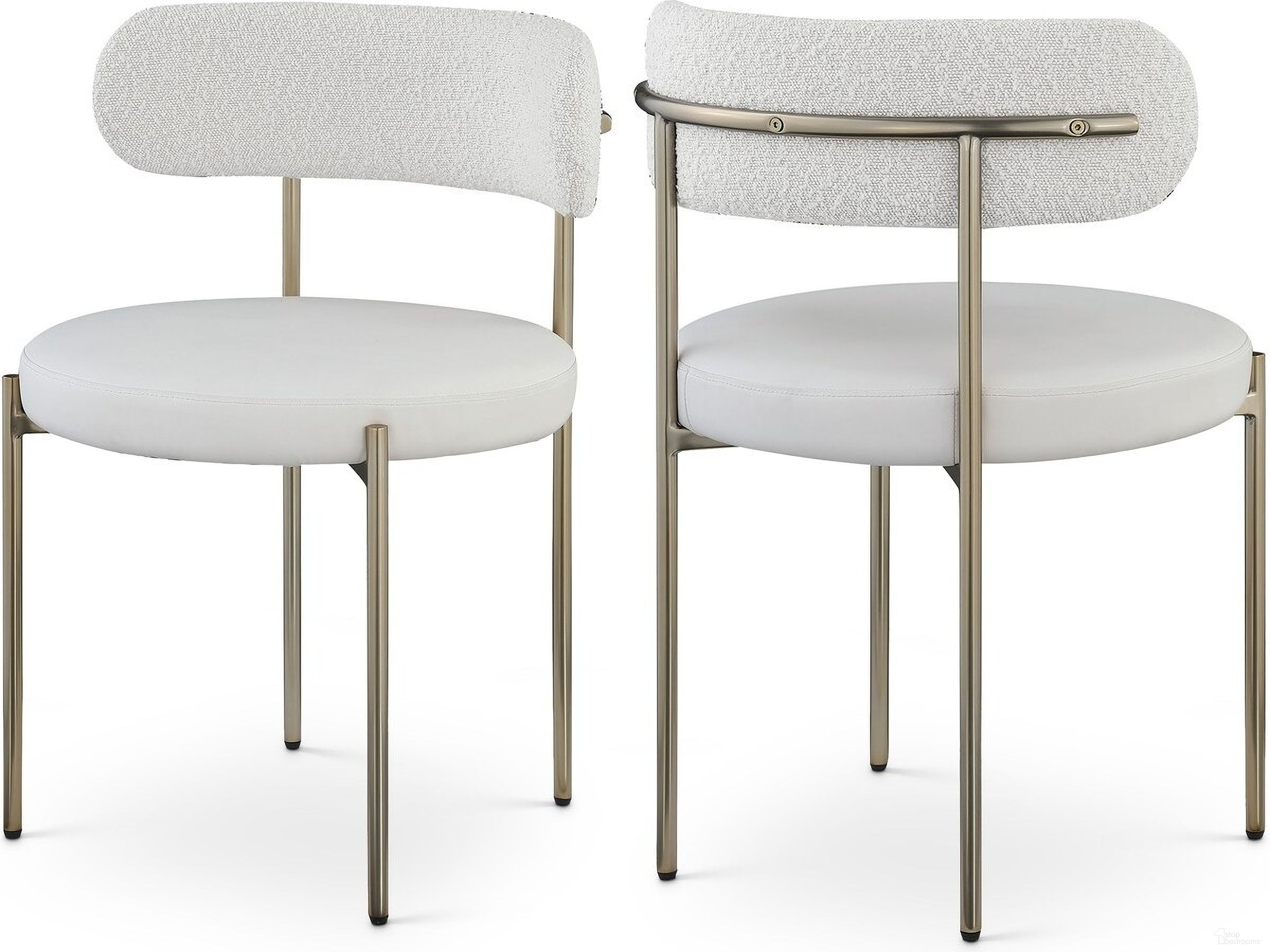 The appearance of Beacon Vegan Leather and Boucle Fabric Dining Chair Set of 2 In Cream/Brushed Brass designed by Meridian in the modern / contemporary interior design. This cream piece of furniture  was selected by 1StopBedrooms from Beacon Collection to add a touch of cosiness and style into your home. Sku: 886Cream-C. Material: Iron. Chair Type: Side Chair.