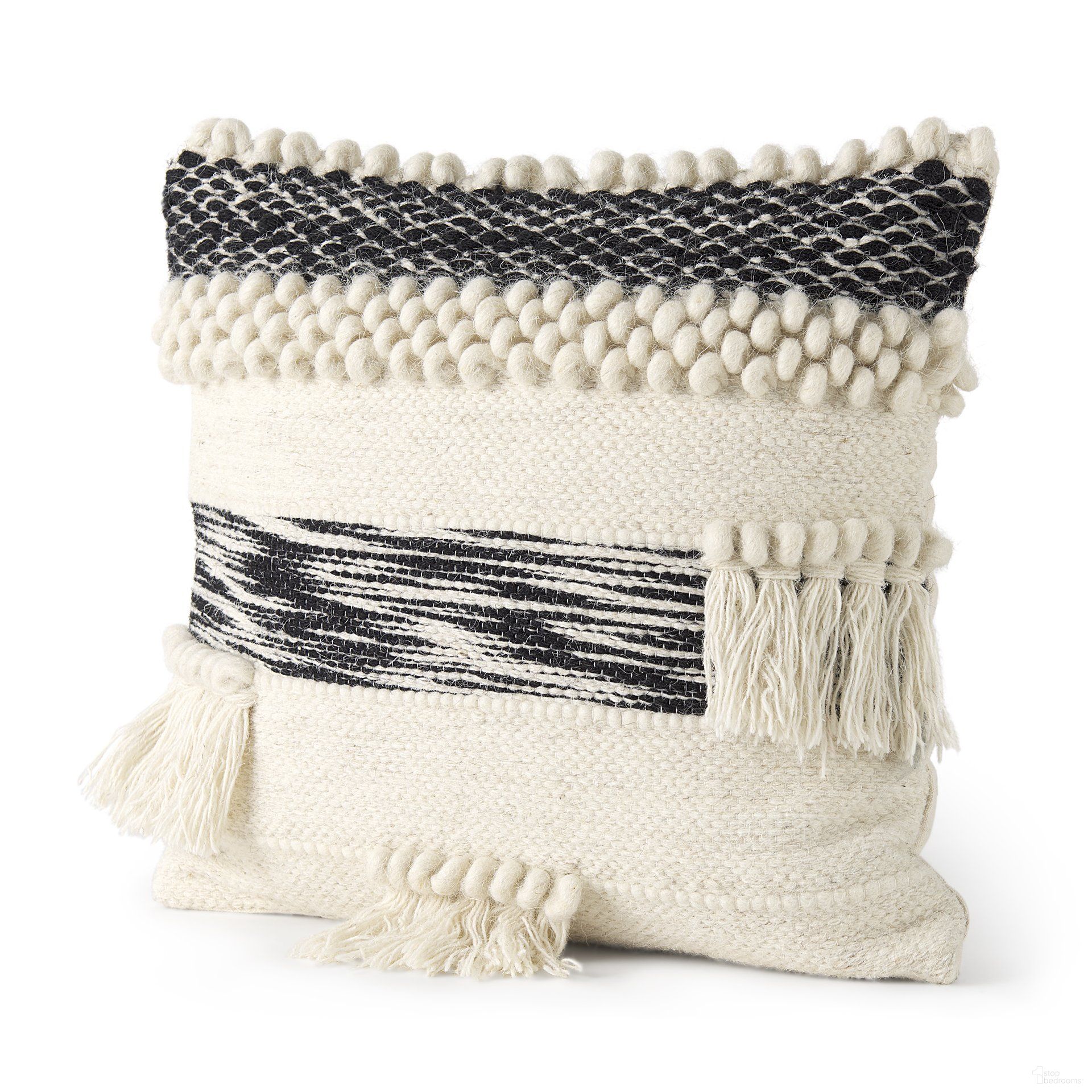 Beardell 18 x 18 Inch Tassels Decorative Pillow Cover In Cream and Black Details