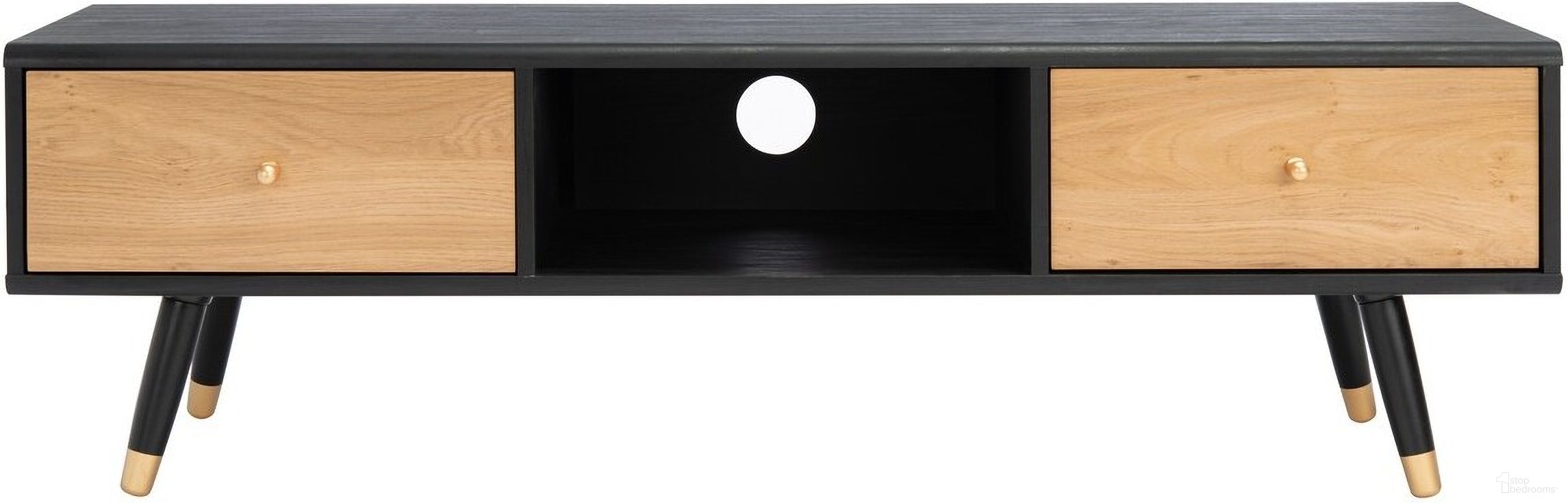 The appearance of Beatrix 2 Drawer 1 Shelf Media Stand in Black and Gold designed by Safavieh in the modern / contemporary interior design. This black and gold piece of furniture was selected by 1StopBedrooms from Beatrix Collection to add a touch of cosiness and style into your home. Sku: MED9607A. Material: Wood.