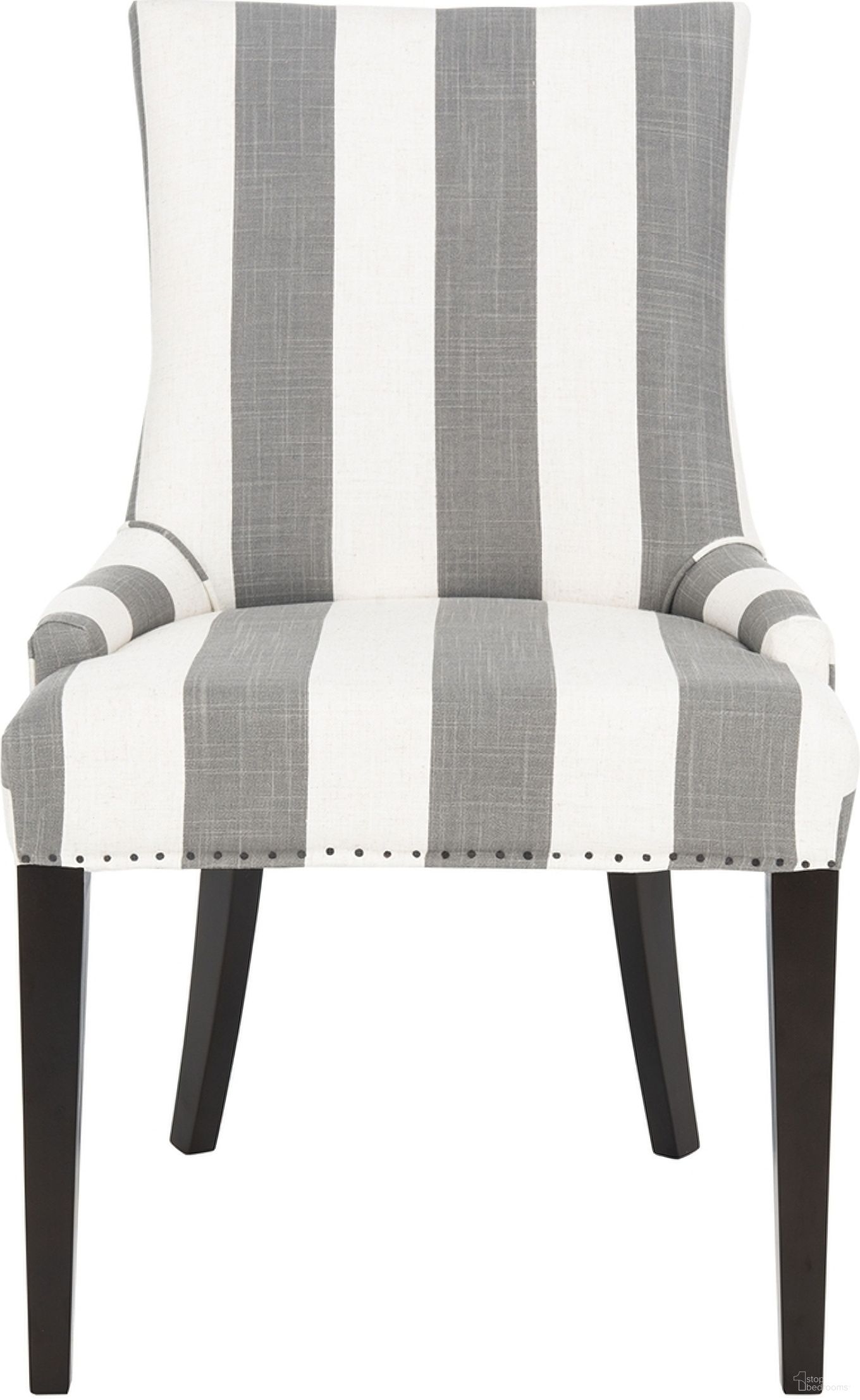 The appearance of Becca Grey, Bone and Espresso Stripe Linen Dining Chair with Flat Nailhead Detail designed by Safavieh in the country / farmhouse interior design. This white and grey piece of furniture was selected by 1StopBedrooms from Becca Collection to add a touch of cosiness and style into your home. Sku: MCR4502H. Material: Stainless Steel. Chair Type: Side Chair.