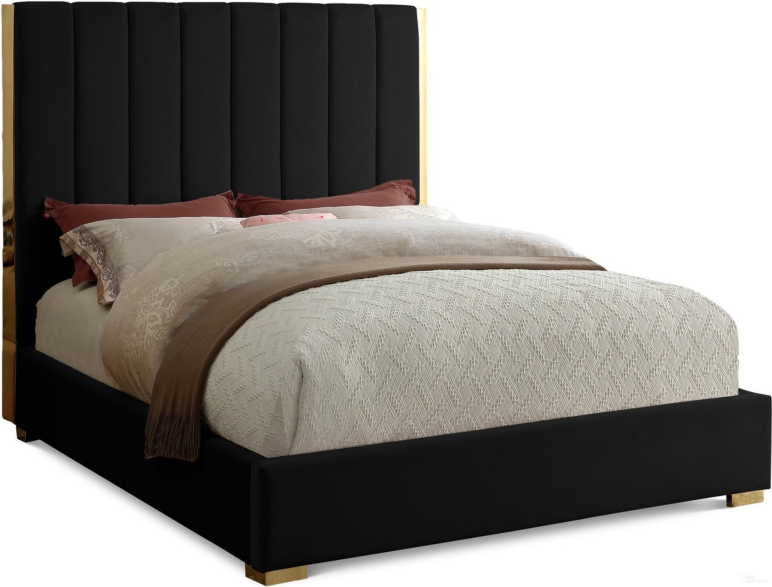 The appearance of Becca Velvet Full Bed In Black designed by Meridian in the modern / contemporary interior design. This black piece of furniture  was selected by 1StopBedrooms from Becca Collection to add a touch of cosiness and style into your home. Sku: BeccaBlack-F Box 1/2 (HB/Slats);BeccaBlack-F Box 2/2 (Siderails/FB/Metal Bar/Hardware/Legs). Bed Type: Panel Bed. Bed Size: Full. Material: Velvet.