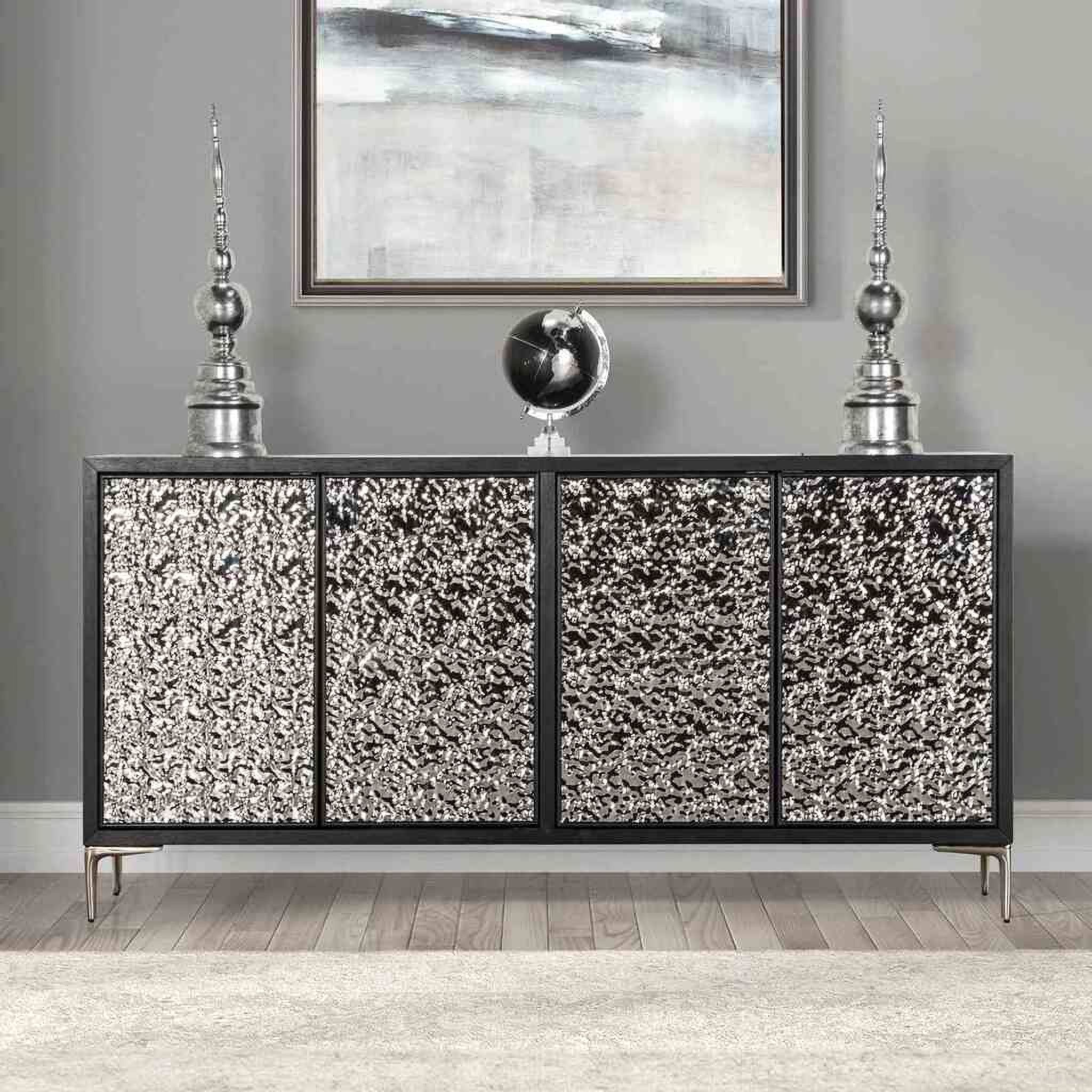 The appearance of Beckham 4-Door Cabinet In Weathered Black and Silver designed by Furniture of America in the modern / contemporary interior design. This weathered black/silver piece of furniture was selected by 1StopBedrooms from Beckham Collection to add a touch of cosiness and style into your home. Sku: FM-AC9000SV. Material: Solid Rubberwood.