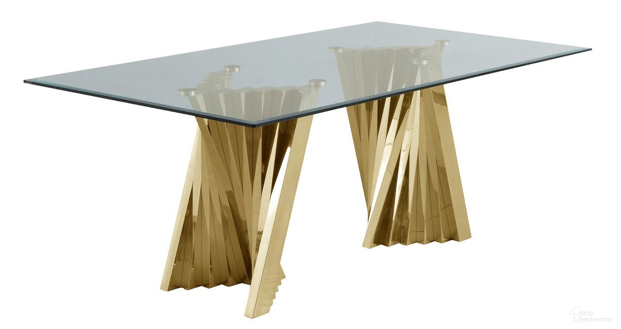 The appearance of Becky 42 x 78 Inch Dining Table In Clear Glass and Gold Stainless Steel Base designed by Best Quality Furniture in the modern / contemporary interior design. This gold/glass piece of furniture  was selected by 1StopBedrooms from Becky Collection to add a touch of cosiness and style into your home. Sku: D02-DTT;D02-DTB. Table Base Style: Double Pedestal. Table Top Shape: Rectangular. Material: Stainless Steel. Size: 42" x 78".