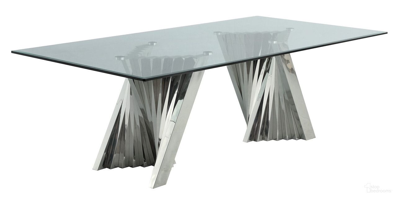 The appearance of Becky 46 x 94 Inch Dining Table In Clear Glass and Silver Stainless Steel Base designed by Best Quality Furniture in the modern / contemporary interior design. This silver and glass piece of furniture  was selected by 1StopBedrooms from Becky Collection to add a touch of cosiness and style into your home. Sku: D03-DTT;D03-DTB. Table Base Style: Double Pedestal. Table Top Shape: Rectangular. Material: Stainless Steel. Size: 46" x 94".