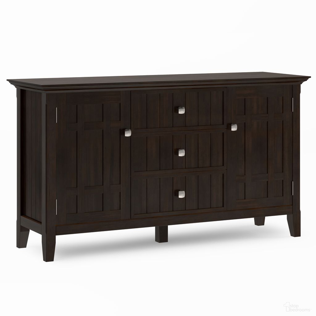 The appearance of Bedford Solid Wood Sideboard Buffet In Dark Tobacco Brown designed by Simpli Home in the transitional interior design. This dark tobacco brown piece of furniture was selected by 1StopBedrooms from Bedford Collection to add a touch of cosiness and style into your home. Sku: AXCBED-11-TB. Material: Pine.