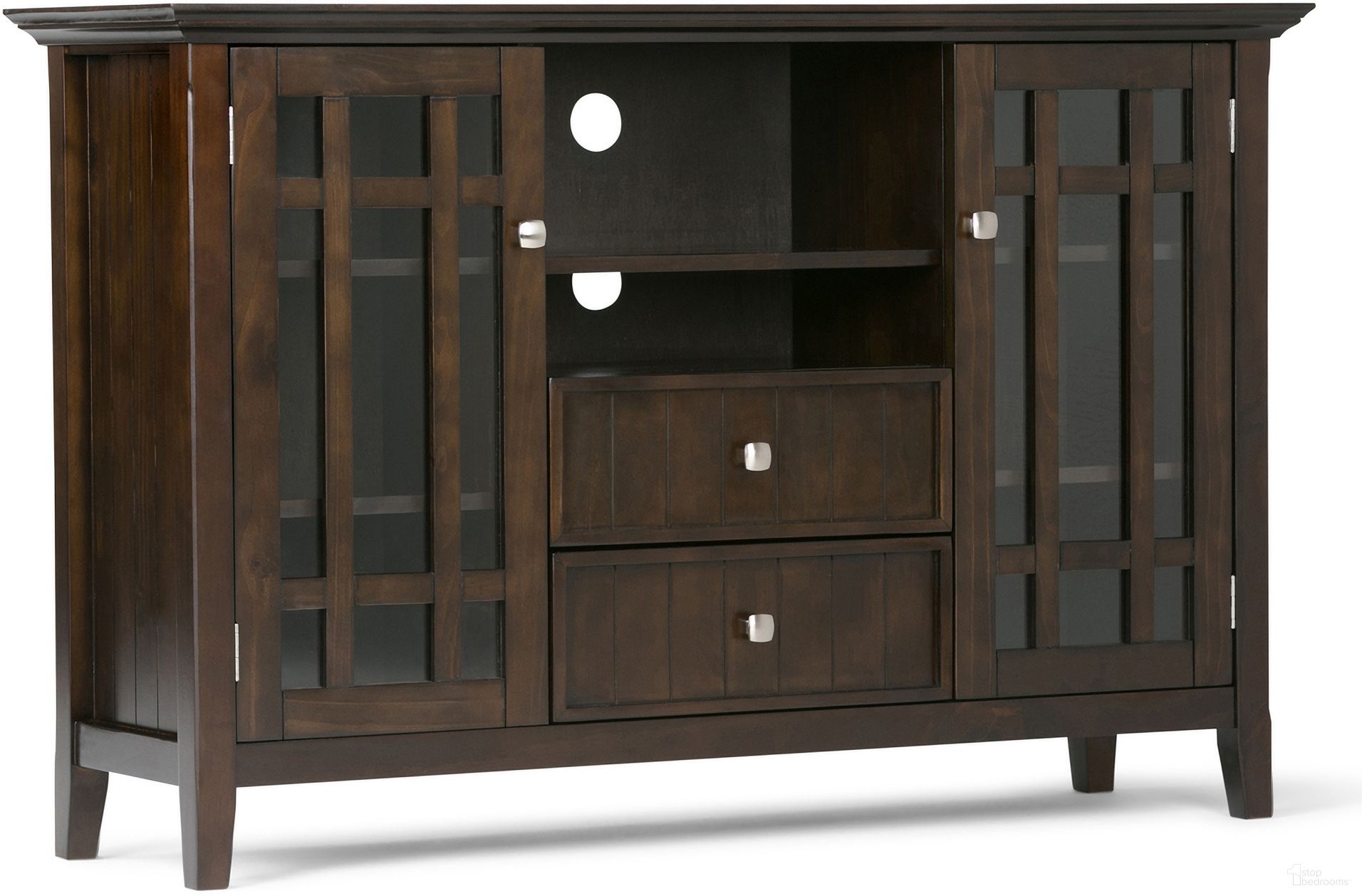 The appearance of Bedford Solid Wood Tall TV Media Stand In Dark Tobacco Brown designed by Simpli Home in the transitional interior design. This dark tobacco brown piece of furniture was selected by 1StopBedrooms from Bedford Collection to add a touch of cosiness and style into your home. Sku: 3AXCBED-01. Material: Pine.