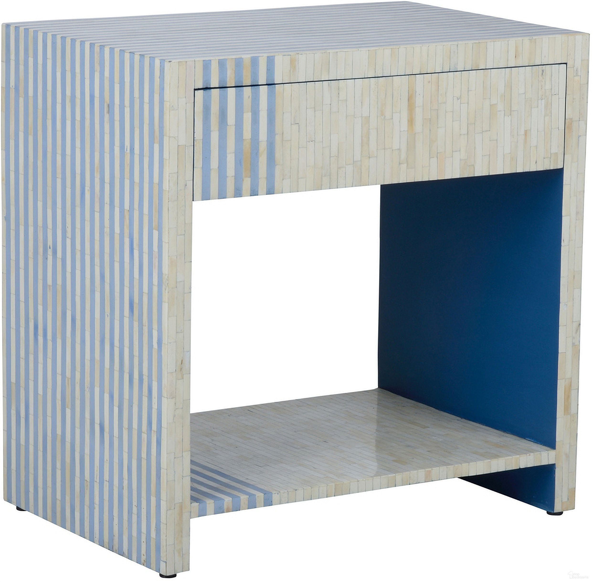 The appearance of Bedside Table In Blue and White designed by Chelsea House in the modern / contemporary interior design. This blue/white piece of furniture was selected by 1StopBedrooms from Chelsea House Misc Collection to add a touch of cosiness and style into your home. Sku: 385296. Material: Bone.