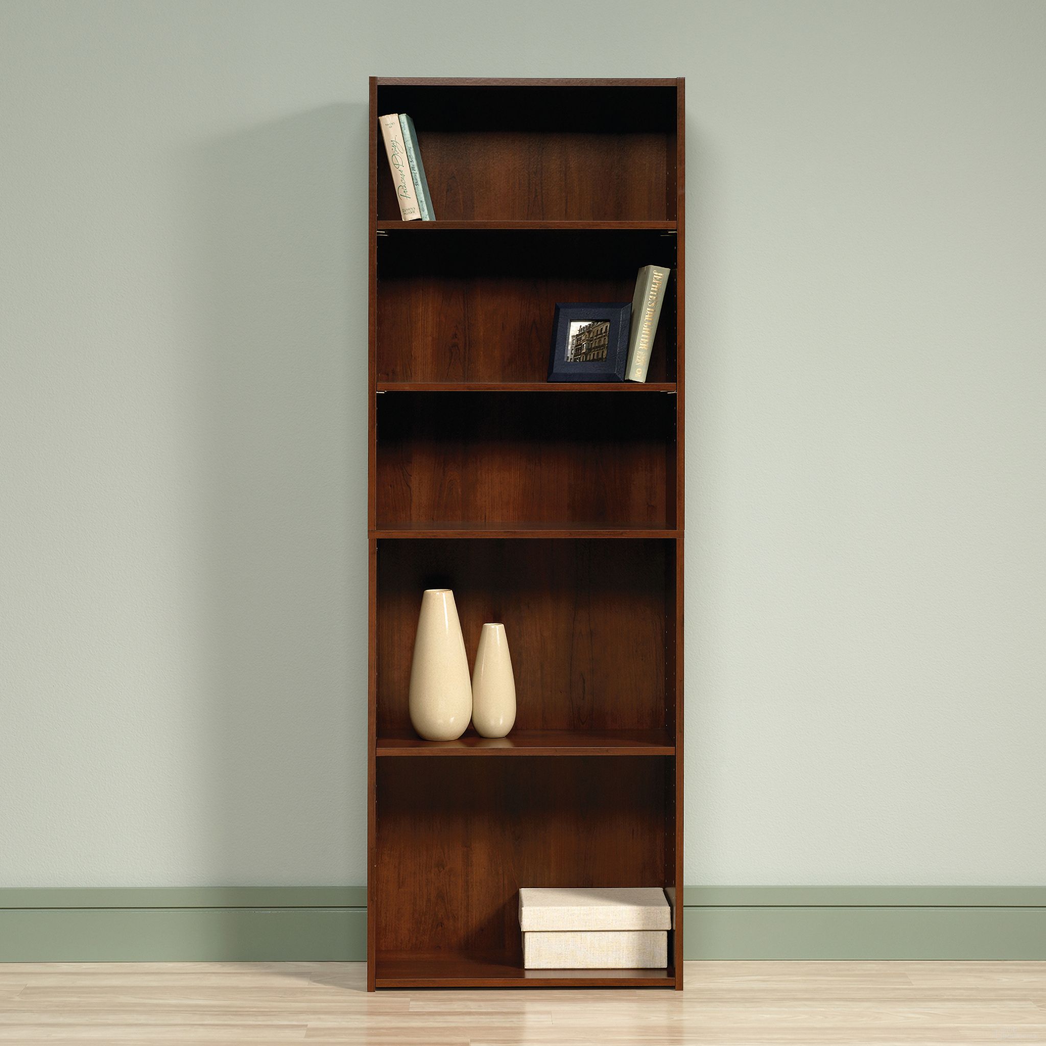 The appearance of Beginnings 5-Shelf Bookcase In Brook Cherry designed by Sauder in the transitional interior design. This brook cherry piece of furniture was selected by 1StopBedrooms from Beginnings Collection to add a touch of cosiness and style into your home. Sku: 416439. Material: Engineered Wood.
