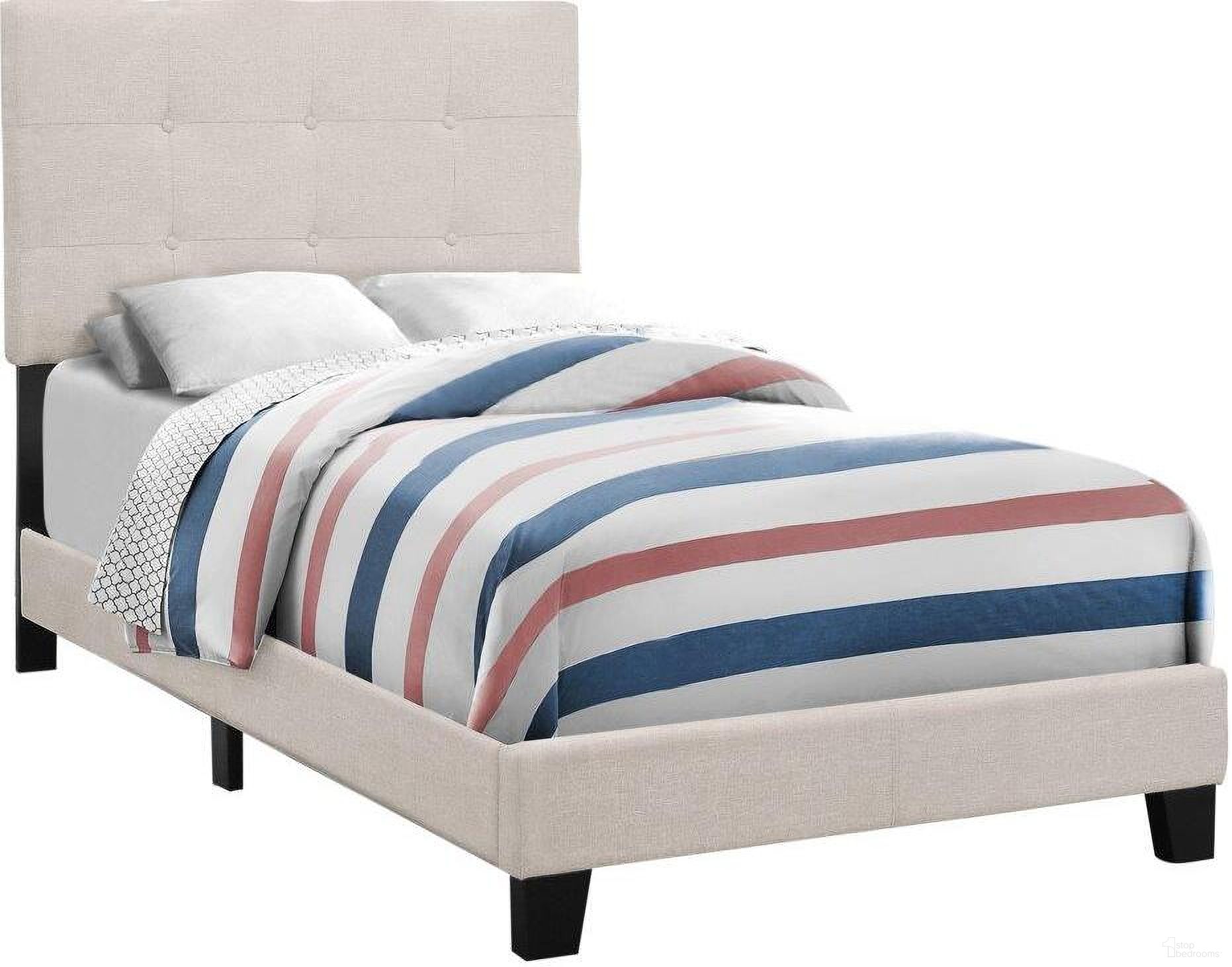The appearance of Beige Linen Twin Size Bed designed by Monarch Specialties in the modern / contemporary interior design. This beige piece of furniture was selected by 1StopBedrooms from to add a touch of cosiness and style into your home. Sku: I 5921T. Bed Type: Panel Bed. Material: Wood. Bed Size: Twin.