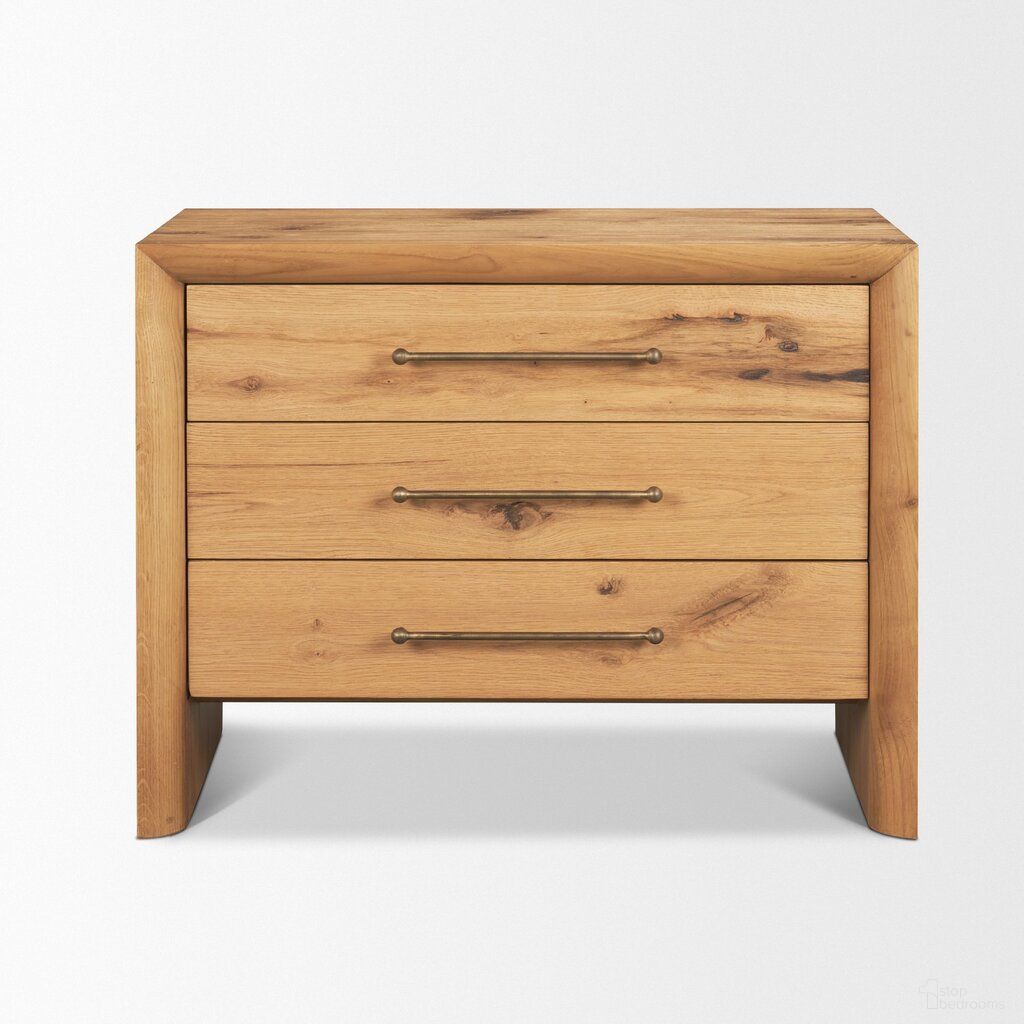 The appearance of Belford 3-Drawer Oak Wood Closed Nightstand In Light Brown designed by Mercana in the modern / contemporary interior design. This light brown piece of furniture was selected by 1StopBedrooms from Belford Collection to add a touch of cosiness and style into your home. Sku: 71235. Material: Oak Veneer.