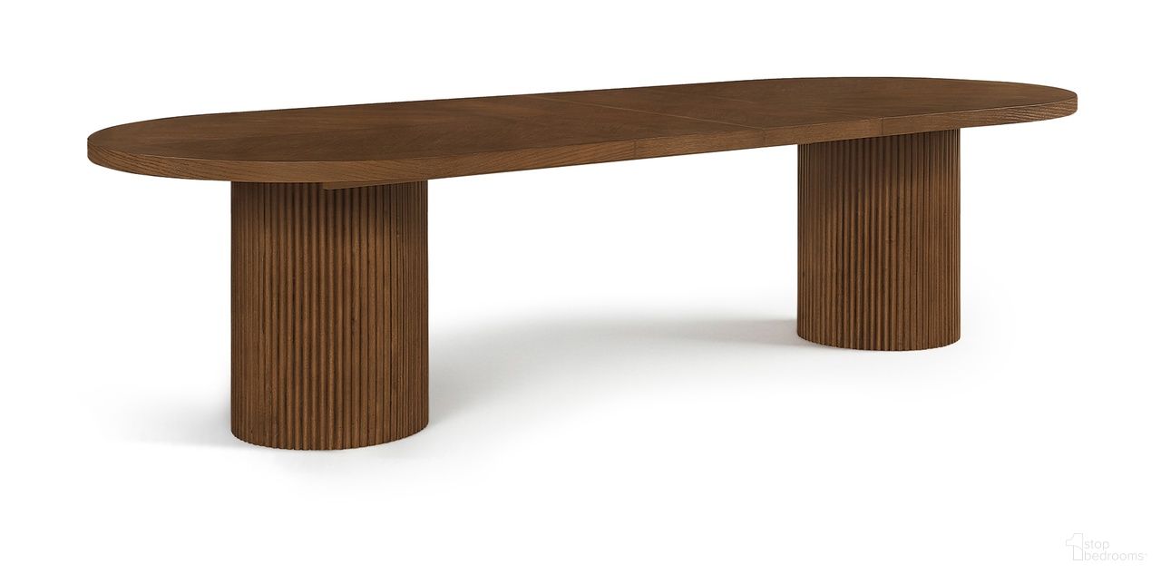 The appearance of Belinda 123 Inch Oak Wood Dining Table In Brown designed by Meridian in the transitional interior design. This brown piece of furniture  was selected by 1StopBedrooms from Belinda Collection to add a touch of cosiness and style into your home. Sku: 725Brown-T Box 1/3 (Dining Table Top);725Brown-T Box 2/3 (Base);725Brown-T Box 3/3 (Base). Table Base Style: Double Pedestal. Table Top Shape: Oval. Material: MDF. Size: 48" x 123".