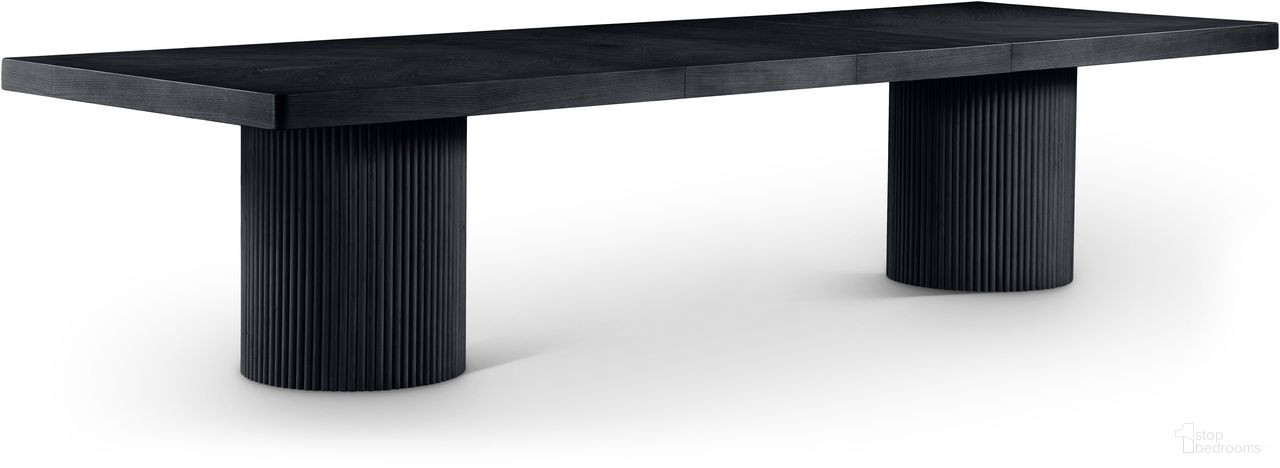 The appearance of Belinda Dining Table In Black designed by Meridian in the modern / contemporary interior design. This black piece of furniture  was selected by 1StopBedrooms from Belinda Collection to add a touch of cosiness and style into your home. Sku: 741Black-T Box 1/3 (Top);741Black-T Box 2/3 (Base1);741Black-T Box 3/3 (Base2). Table Base Style: Double Pedestal. Table Top Shape: Rectangular. Size: 48" x 144". Material: Acacia Wood.