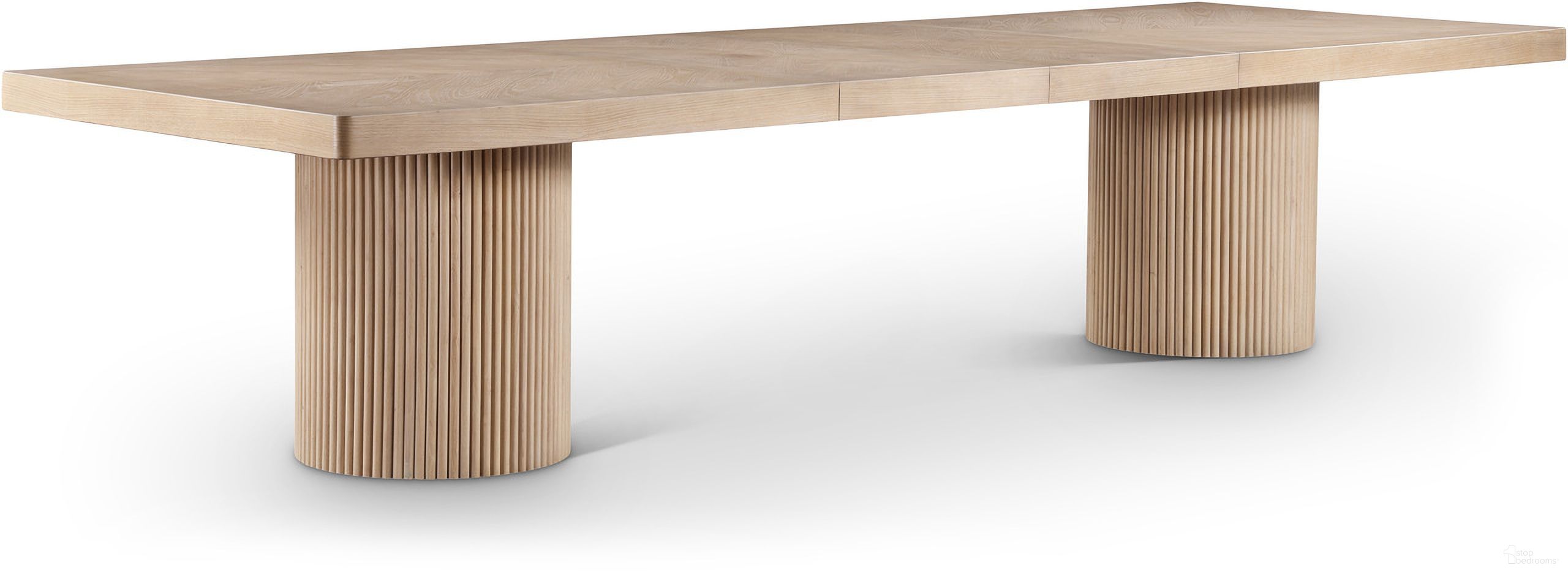 The appearance of Belinda Dining Table In Natural designed by Meridian in the modern / contemporary interior design. This natural piece of furniture  was selected by 1StopBedrooms from Belinda Collection to add a touch of cosiness and style into your home. Sku: 741Oak-T Box 1/3 (Top);741Oak-T Box 2/3 (Base1);741Oak-T Box 3/3 (Base2). Table Base Style: Double Pedestal. Table Top Shape: Rectangular. Size: 48" x 144". Material: Acacia Wood.