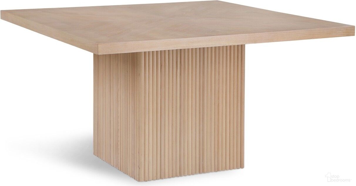 The appearance of Belinda Dining Table In Oak designed by Meridian in the transitional interior design. This oak piece of furniture  was selected by 1StopBedrooms from Belinda Collection to add a touch of cosiness and style into your home. Sku: 729Oak-T Box 1/2 (Table Top);729Oak-T Box 2/2 (Base). Table Base Style: Pedestal. Table Top Shape: Square. Material: Wood. Size: 54" x 54".