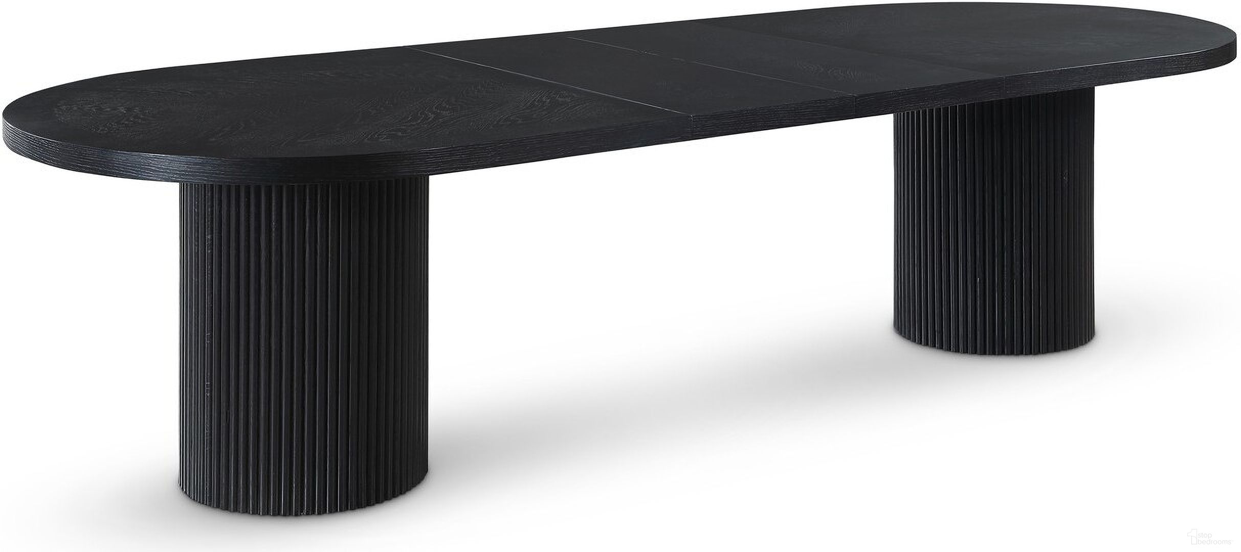 The appearance of Belinda Finish Dining Table In Black Oak designed by Meridian in the transitional interior design. This black piece of furniture  was selected by 1StopBedrooms from Belinda Collection to add a touch of cosiness and style into your home. Sku: 725Black-T Box 1/3 (Dining Table Top);725Black-T Box 2/3 (Base);725Black-T Box 3/3 (Base). Table Base Style: Double Pedestal. Table Top Shape: Oval. Material: MDF. Size: 48" x 90".