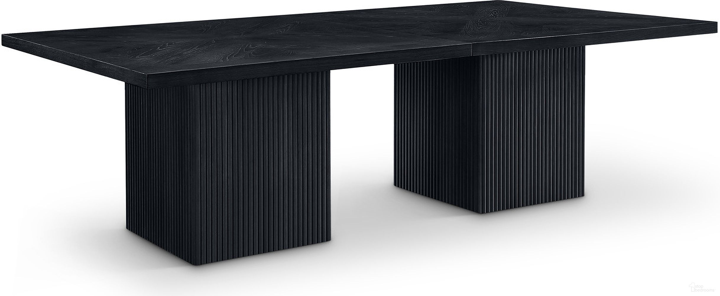 The appearance of Belinda Modular Dining Table In Black designed by Meridian in the transitional interior design. This black piece of furniture  was selected by 1StopBedrooms from Belinda Collection to add a touch of cosiness and style into your home. Sku: 729Black-108R Box 1/4 (Table Top);729Black-108R Box 2/4 (Table Top);729Black-108R Box 3/4 (Base);729Black-108R Box 4/4 (Base). Table Base Style: Double Pedestal. Table Top Shape: Rectangular. Material: Beech. Size: 108" x 54".
