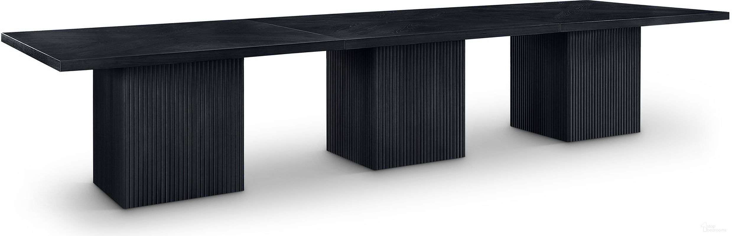 The appearance of Belinda Modular Dining Table In Black designed by Meridian in the transitional interior design. This black piece of furniture  was selected by 1StopBedrooms from Belinda Collection to add a touch of cosiness and style into your home. Sku: 729Black-162R Box 1/6 (Table Top);729Black-162R Box 2/6 (Table Top);729Black-162R Box 3/6 (Table Top);729Black-162R Box 4/6 (Base);729Black-162R Box 5/6 (Base);729Black-162R Box 6/6 (Base). Table Base Style: Double Pedestal. Table Top Shape: Rectangular. Material: Beech. Size: 162" x 54".