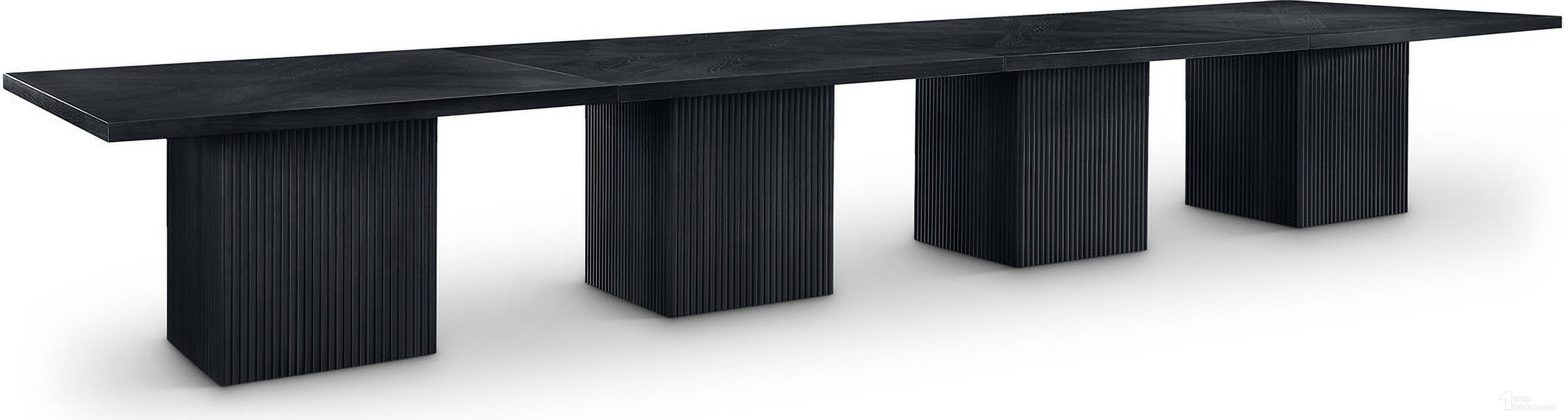 The appearance of Belinda Modular Dining Table In Black designed by Meridian in the transitional interior design. This black piece of furniture  was selected by 1StopBedrooms from Belinda Collection to add a touch of cosiness and style into your home. Sku: 729Black-216R Box 1/8 (Table Top);729Black-216R Box 2/8 (Table Top);729Black-216R Box 3/8 (Table Top);729Black-216R Box 4/8 (Table Top);729Black-216R Box 5/8 (Base);729Black-216R Box 6/8 (Base);729Black-216R Box 7/8 (Base);729Black-216R Box 8/8 (Base). Table Base Style: Double Pedestal. Table Top Shape: Rectangular. Material: Beech. Size: 216" x 54".