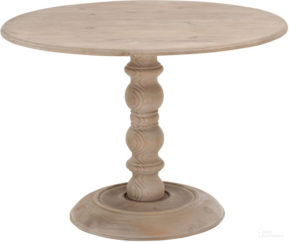 The appearance of Bella Antique Chelsea 42 Inch Round Dining Table In Smoke Gray Pine designed by Essentials For Living in the transitional interior design. This smoke gray pine piece of furniture  was selected by 1StopBedrooms from Bella Antique Collection to add a touch of cosiness and style into your home. Sku: 8043-L.SGRY-PNE. Table Base Style: Pedestal. Table Top Shape: Round. Size: 42". Material: Reclaimed Pine Wood.