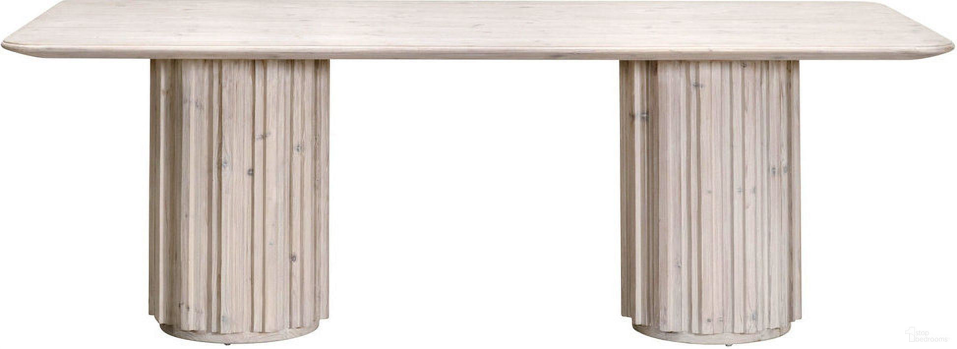 The appearance of Bella Antique Roma Dining Table In White Wash Pine designed by Essentials For Living in the transitional interior design. This white wash pine piece of furniture  was selected by 1StopBedrooms from Bella Antique Collection to add a touch of cosiness and style into your home. Sku: 8102.WW-PNE. Table Base Style: Double Pedestal. Table Top Shape: Rectangular. Size: 42" x 87". Material: Reclaimed Pine Wood.