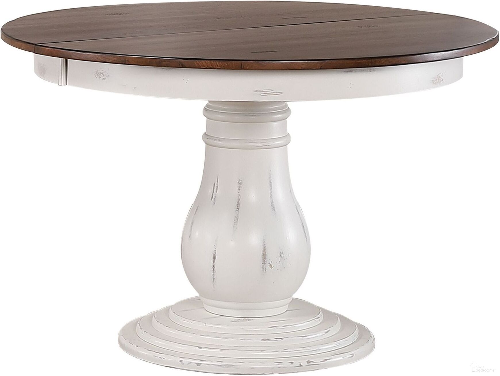 The appearance of Bella Dining Table In Distressed Cocoa Brown and Cotton White designed by Iconic Furniture in the transitional interior design. This distressed cocoa brown and cotton white piece of furniture was selected by 1StopBedrooms from Bella Collection to add a touch of cosiness and style into your home. Sku: RD45BELDBNDWT. Table Base Style: Pedestal. Table Top Shape: Round. Material: Rubberwood. Size: 63" x 45".